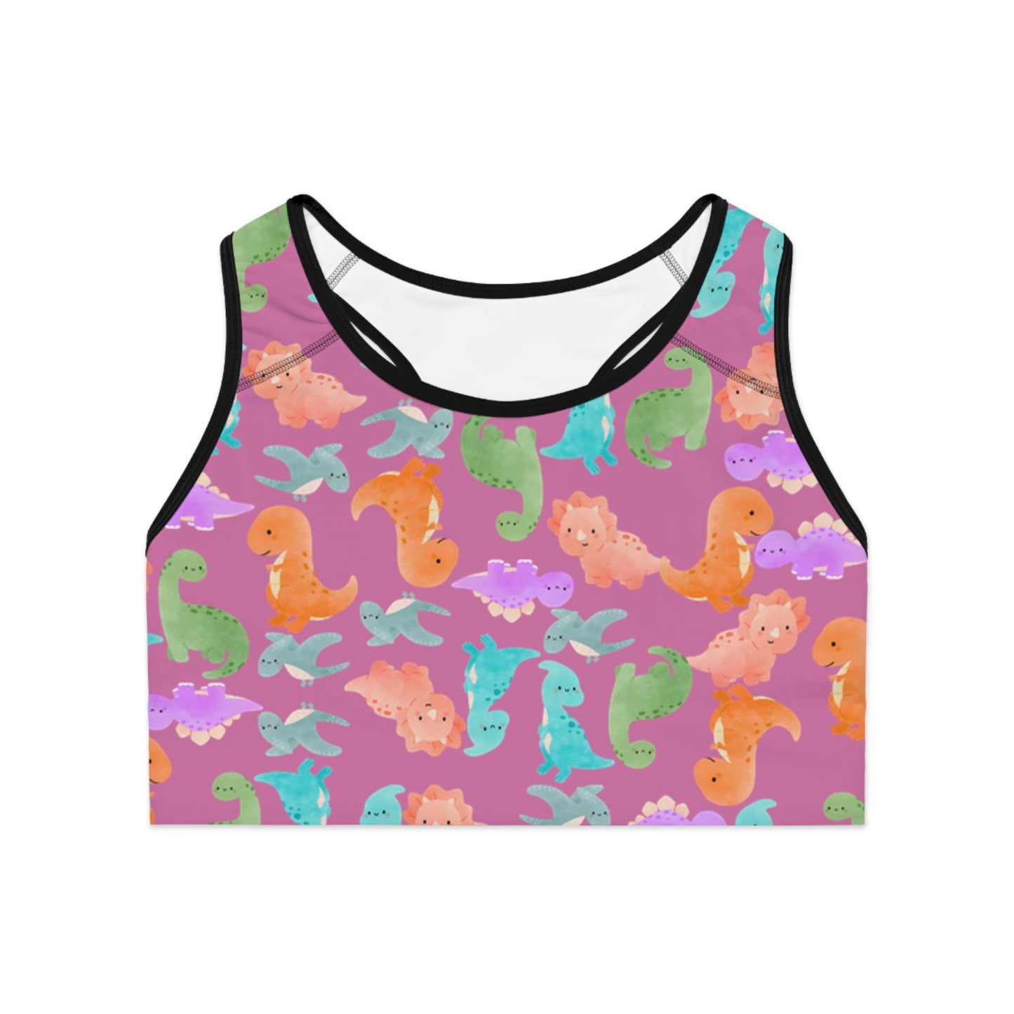 Colorful Dinosaur Print Sports Bra Cute Activewear Gym Top Fitness Wear Gifts for Her Workout Clothing Rainbow Dinos Light Pink