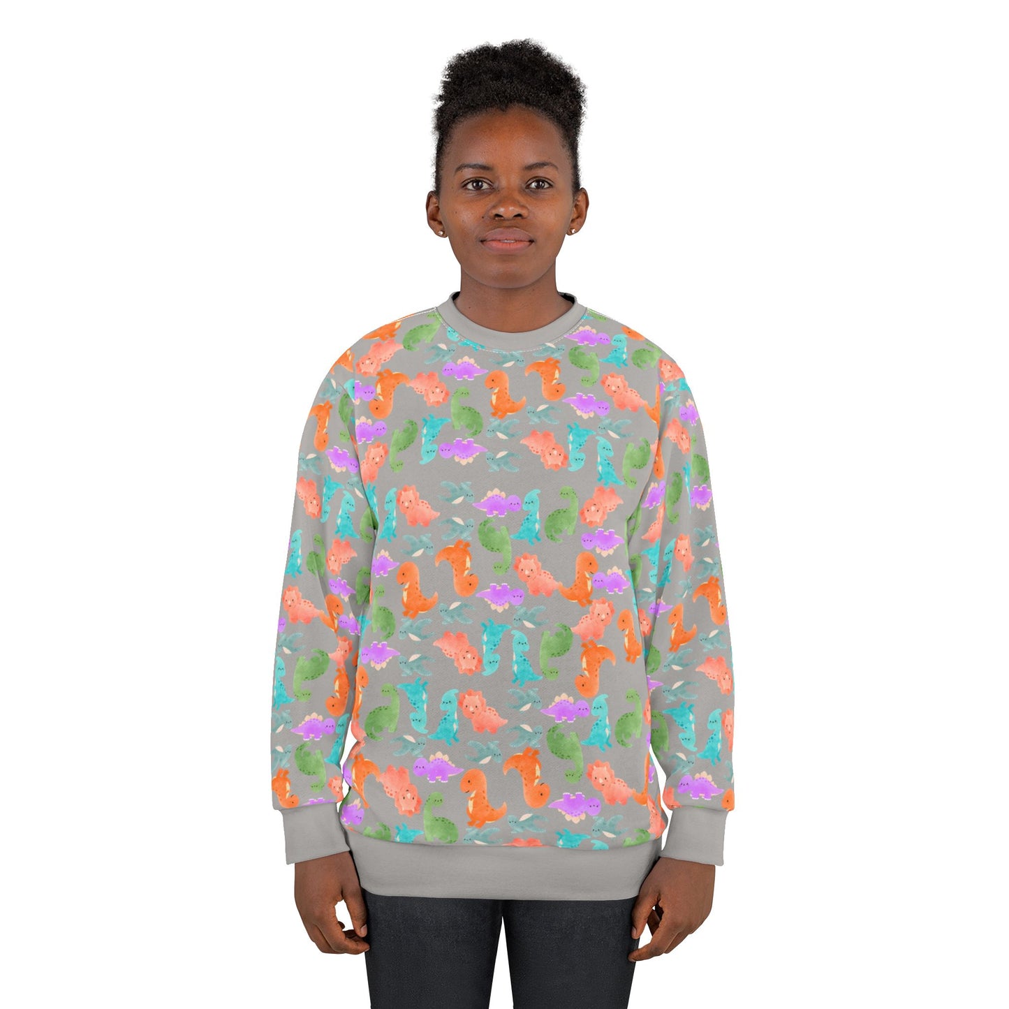 Colorful Dino Unisex Sweatshirt Ocean Vibe Apparel AOP Pullover for Beach Lovers Gift for Sea Life Enthusiasts Casual Cozy Wear Rainbow Dinos Light Grey