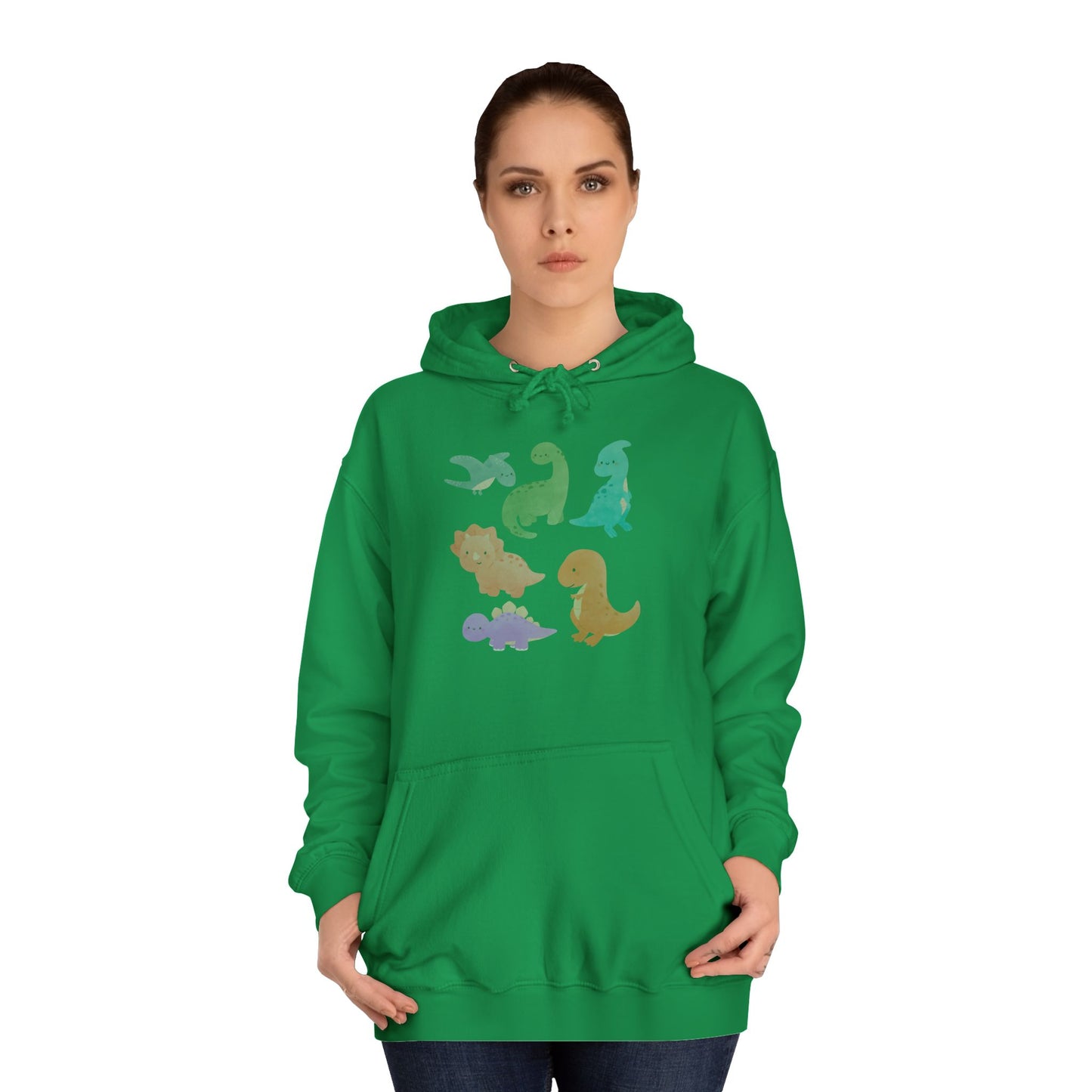 Unisex College Hoodie Colorful Dino - Cozy Casual Sweatshirt for Students, Perfect for Campus Life, Gift for Graduation, School Spirit Wear