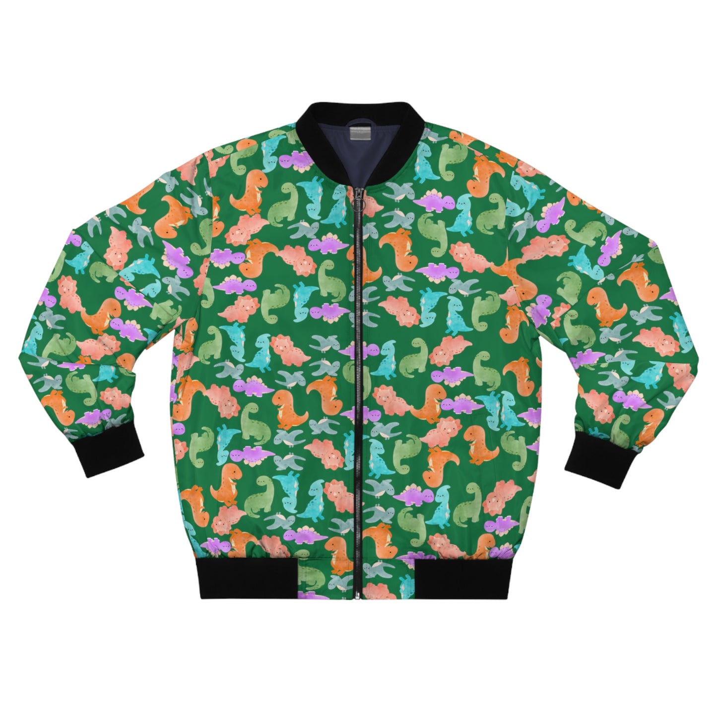 Colorful Dinosaur Mens Bomber Jacket Trendy Outerwear for Casual Outings Unique Gift for Dinosaur Lovers Festival Style Rainbow Dinos Dark Green