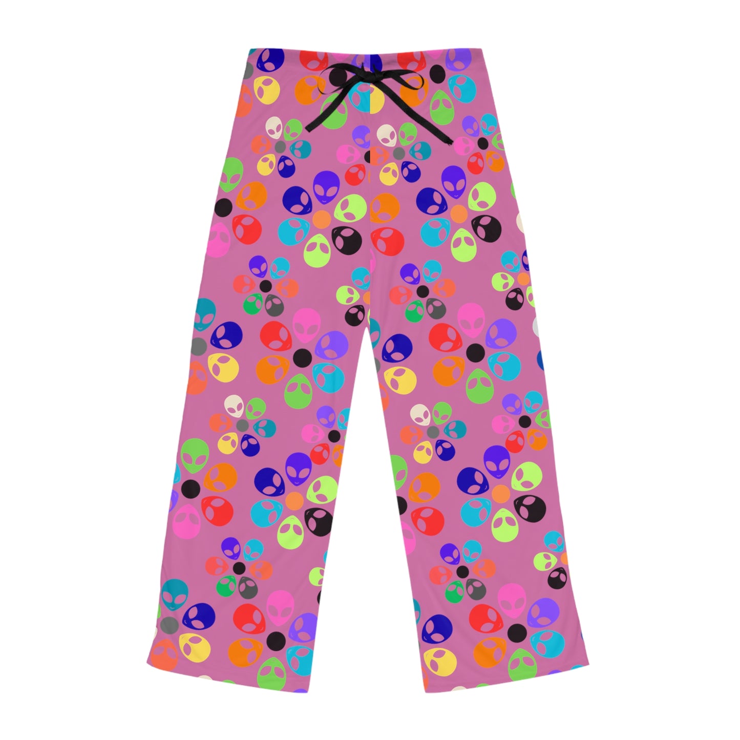 Colorful Alien Print Womens Pajama Pants Fun Loungewear Sleepwear for Alien Lovers Great Gift for Birthdays Relaxation Alien Rainbow Flowers Light Pink
