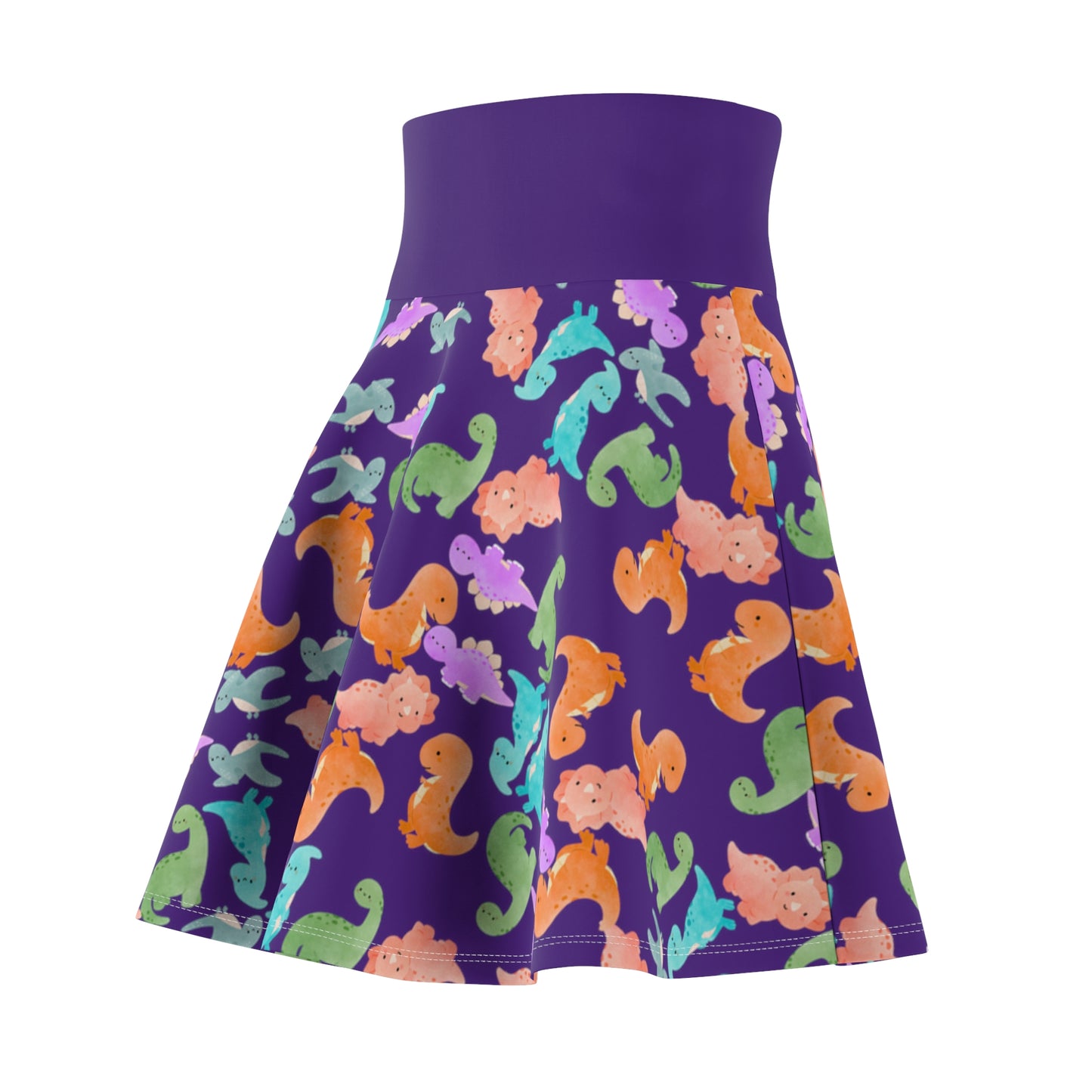 Colorful Dino Print Womens Skater Skirt Cute Summer Skirt Fun Fashion Piece Beach Outfit Gift for Animal Lovers Casual Wear Rainbow Dinos Purple