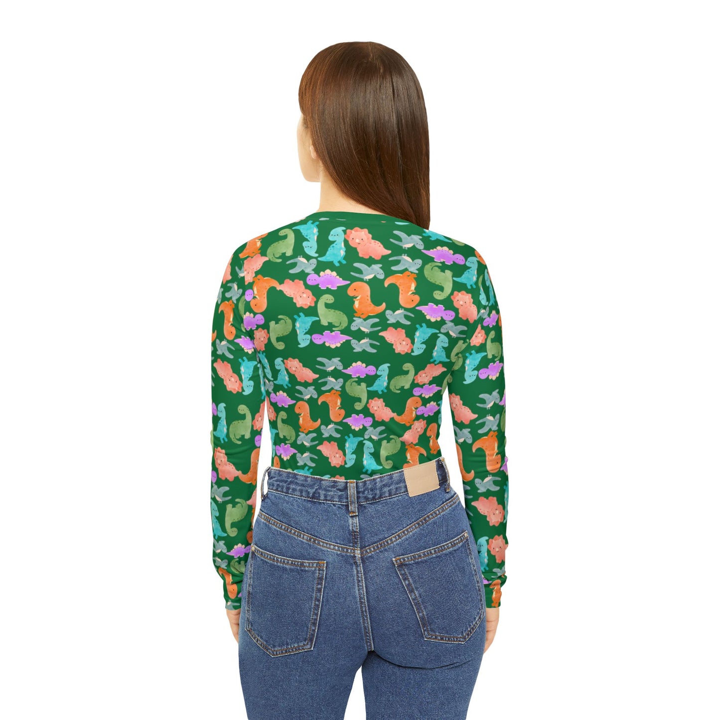 Vibrant Dino Print Womens Long Sleeve Vneck Shirt Beachwear Summer Tops Unique Gift Casual Style Vacation Wardrobe Rainbow Dinos Dark Green