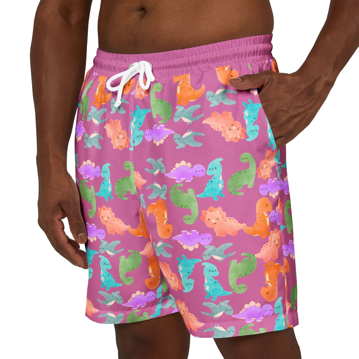 Vibrant Dino Unisex Swim Shorts Beachwear Summer Swimwear Vacation Essentials Pool Party Mens Swim Trunks Unique Design Rainbow Dinos Light Pink