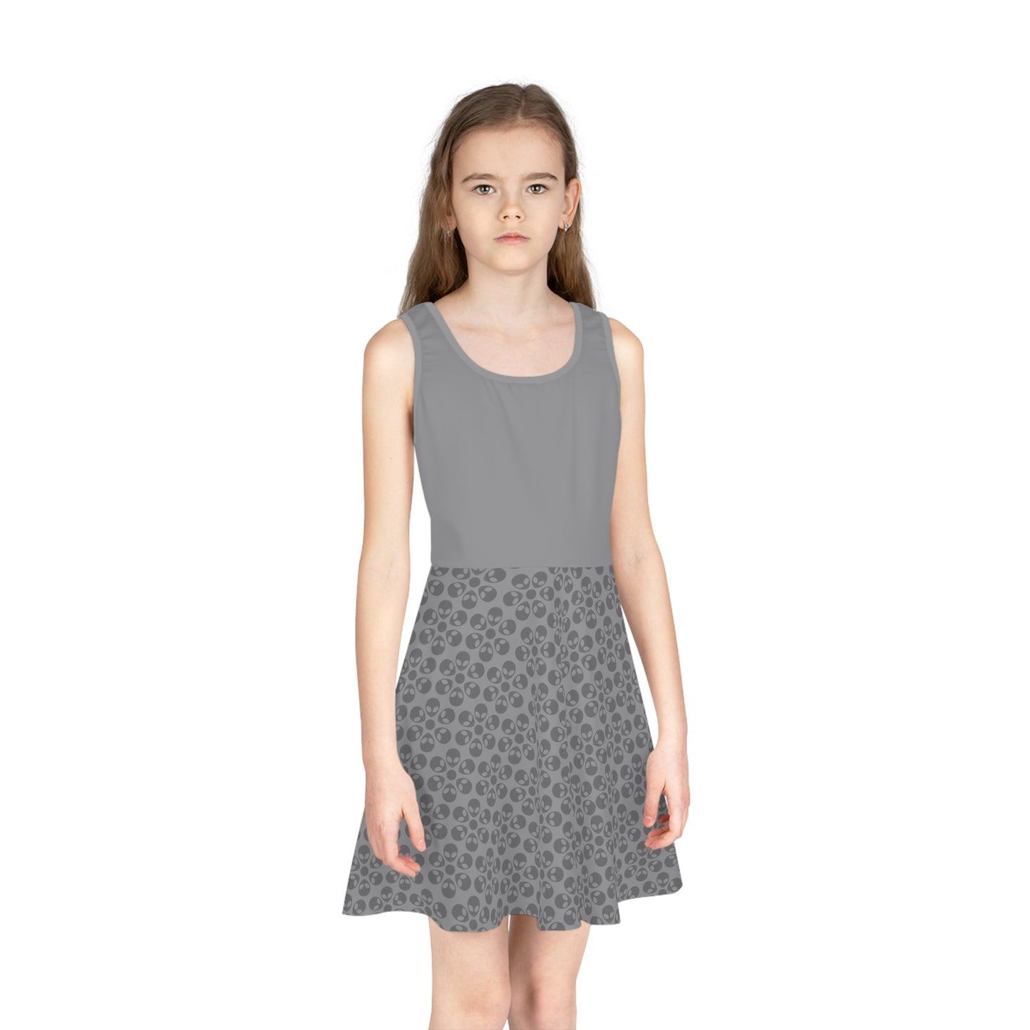 Girls Floral Sleeveless Sundress Cute Summer Dress Kids Fashion Birthday Outfit Playful Floral Pattern Spring Dress Alien Flowers Grey