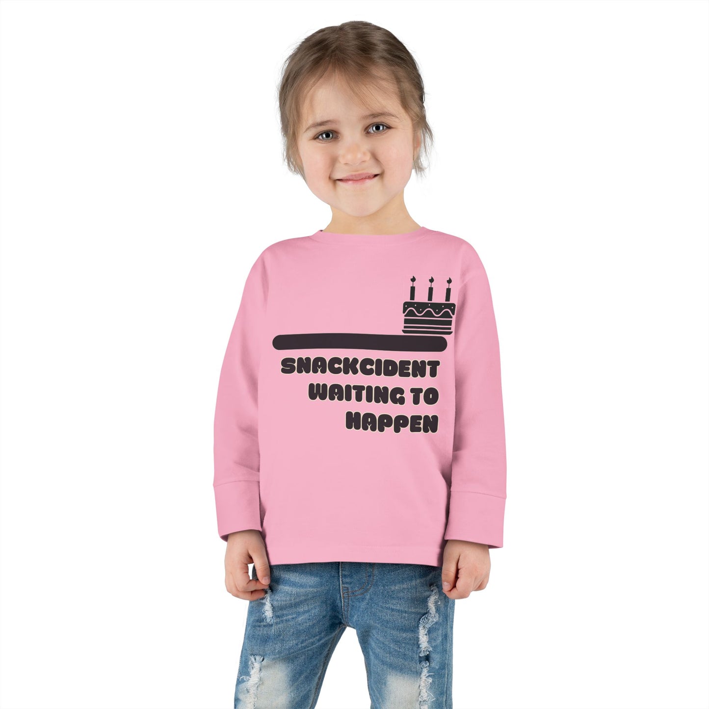 Snackcident Waiting to Happen Toddler Long Sleeve Tee | Cute Kids Shirt | Fun Gift for Birthdays, Playdates, Parties, Food Lovers