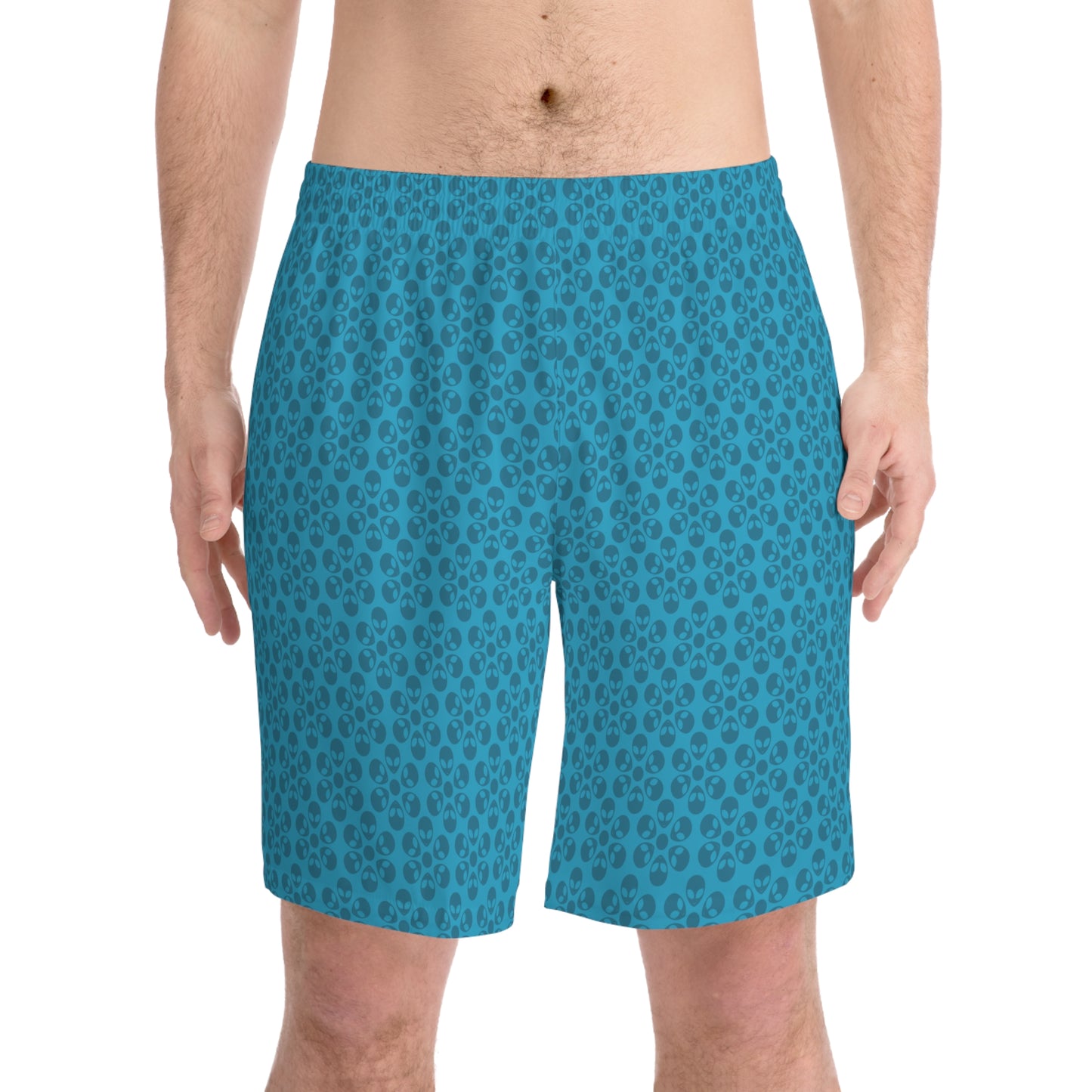 Mens Elastic Beach Shorts Alien Flowers Turquoise