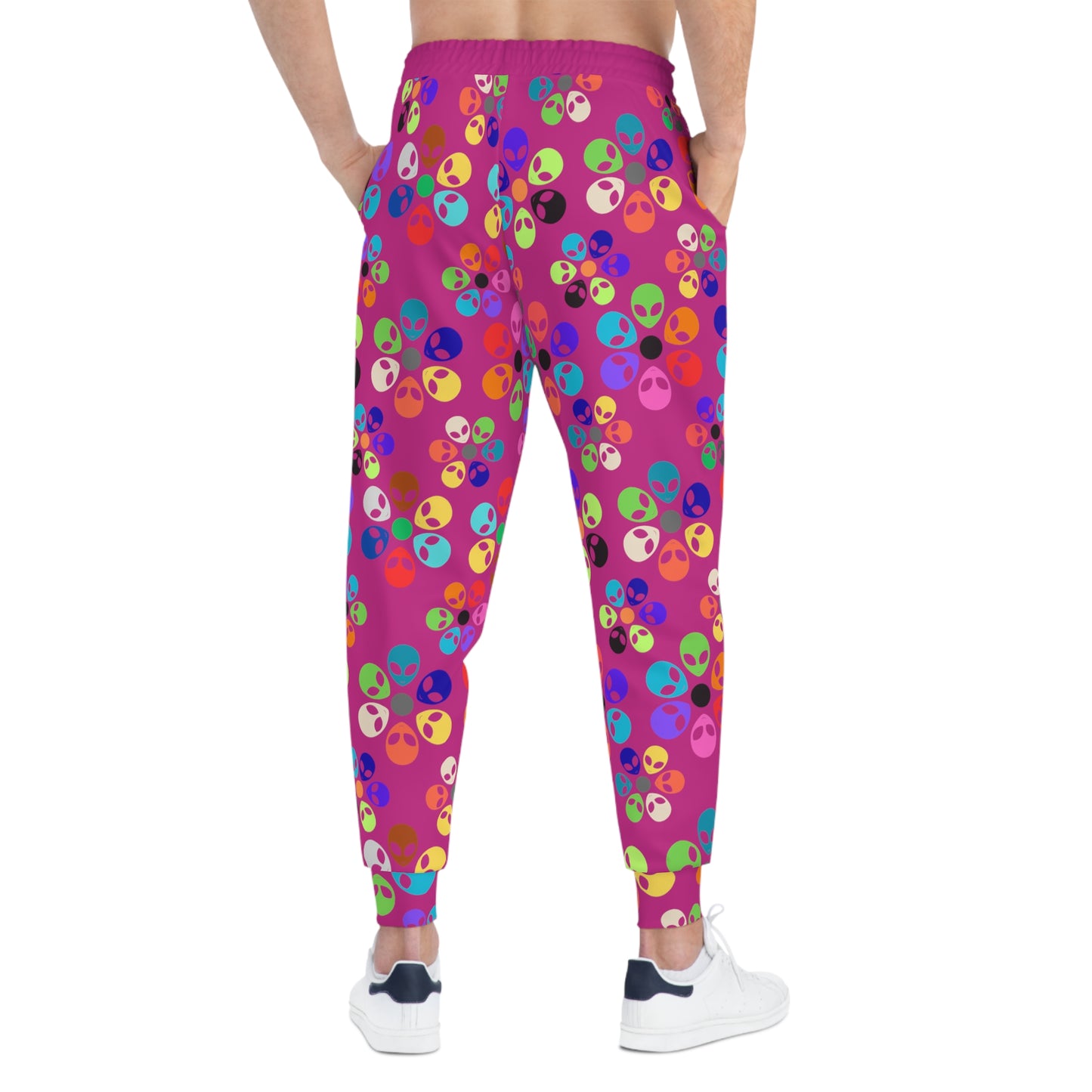 Colorful Alien Print Joggers Fun Athletic Pants Trendy Loungewear Unique Gift for Space Lovers Casual Daily Wear Unisex Joggers Alien Rainbow Flowers Pink