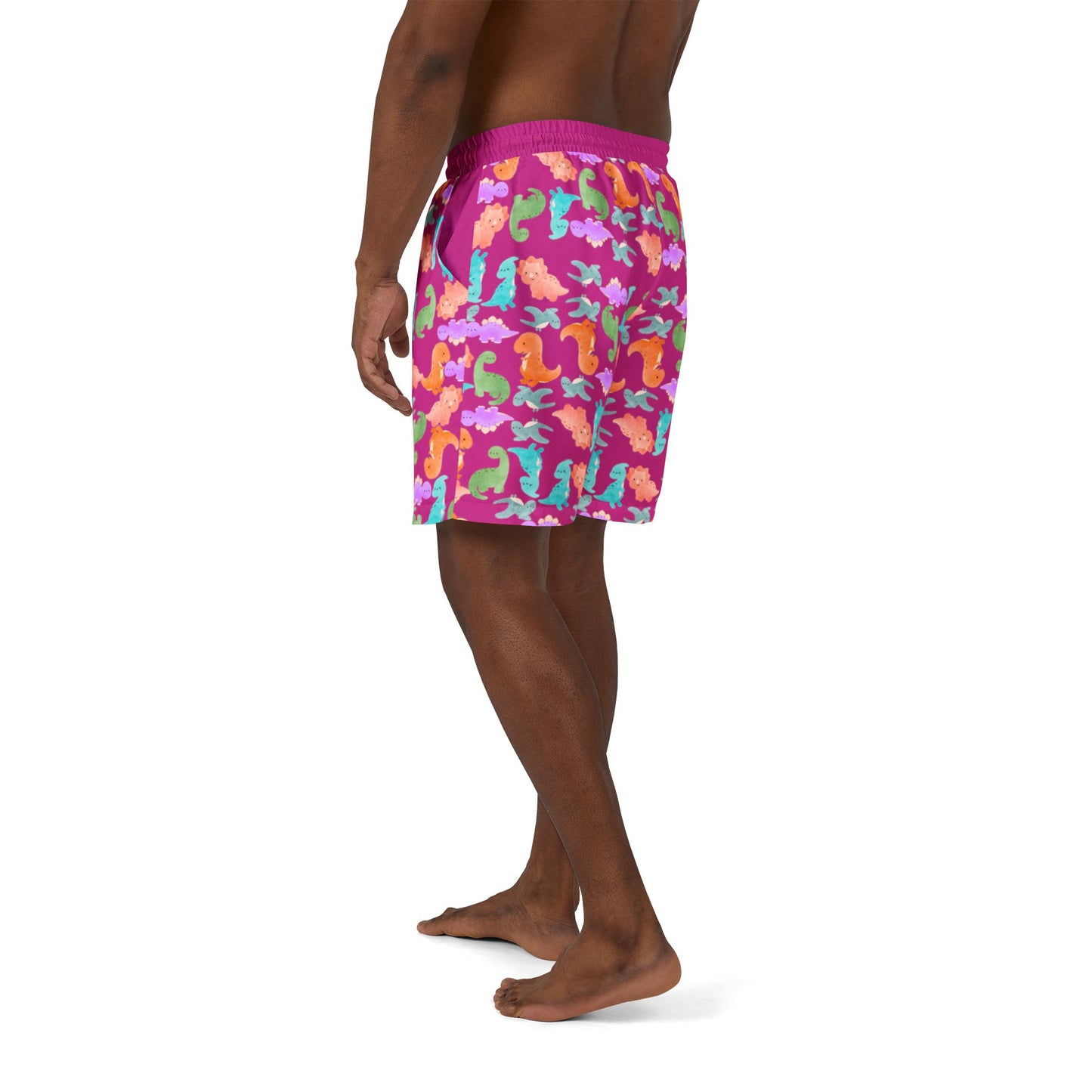 Vibrant Dino Unisex Swim Shorts Beachwear Summer Swimwear Vacation Essentials Pool Party Mens Swim Trunks Unique Design Rainbow Dinos Pink