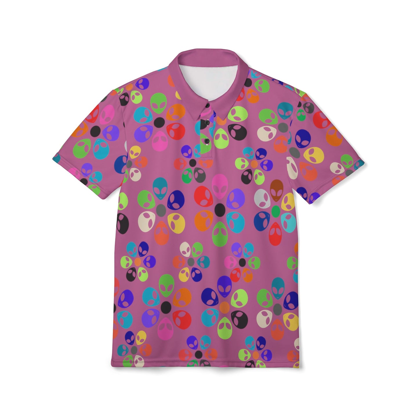 Colorful Alien Print Unisex Polo Shirt Perfect for Festivals Holiday Parties Casual Wear Gift Ideas Unique Menswear Alien Rainbow Flowers Light Pink