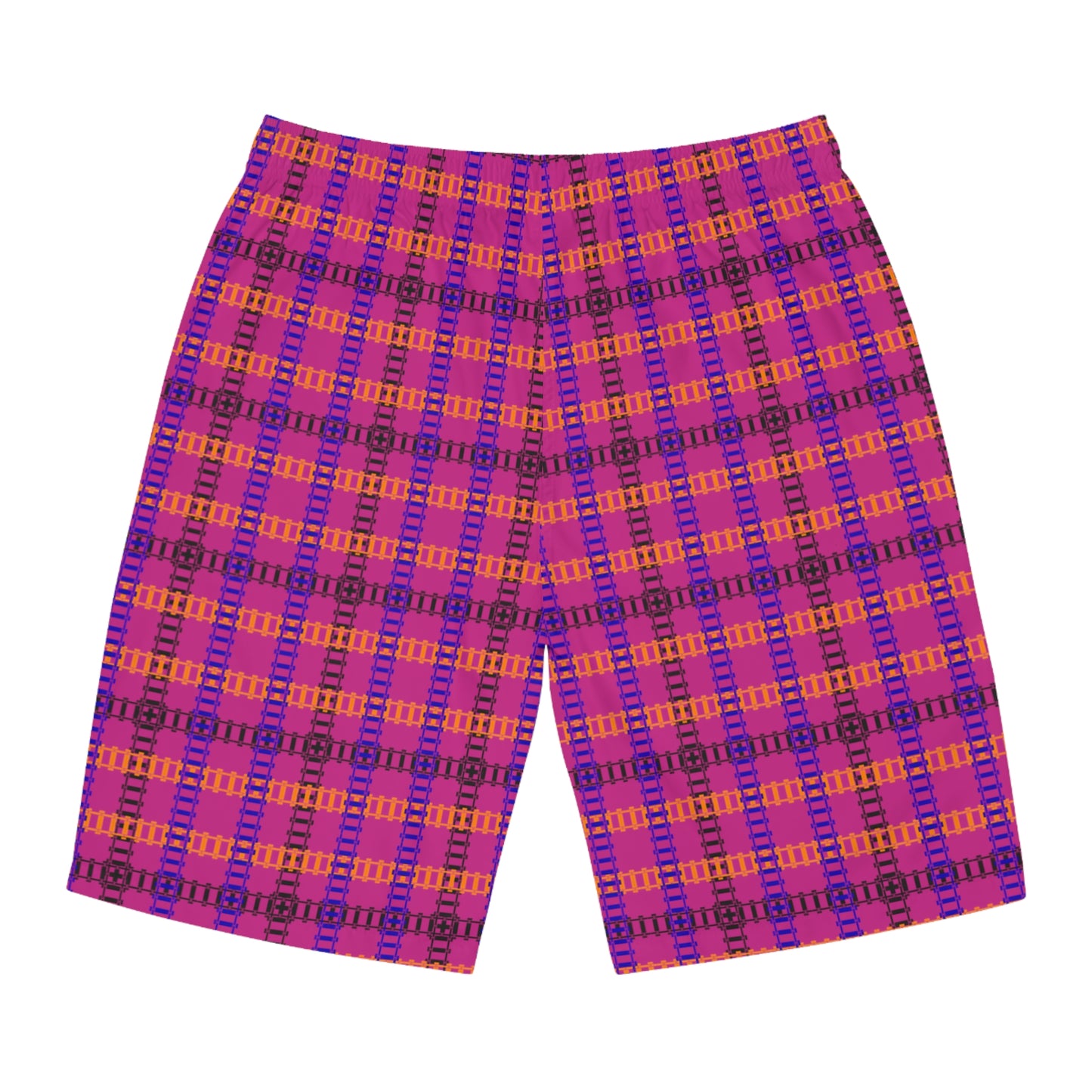 Vibrant Mens Board Shorts Perfect for Summer Beach Days and Pool Parties | Stylish Swimwear Train Tracks Pink