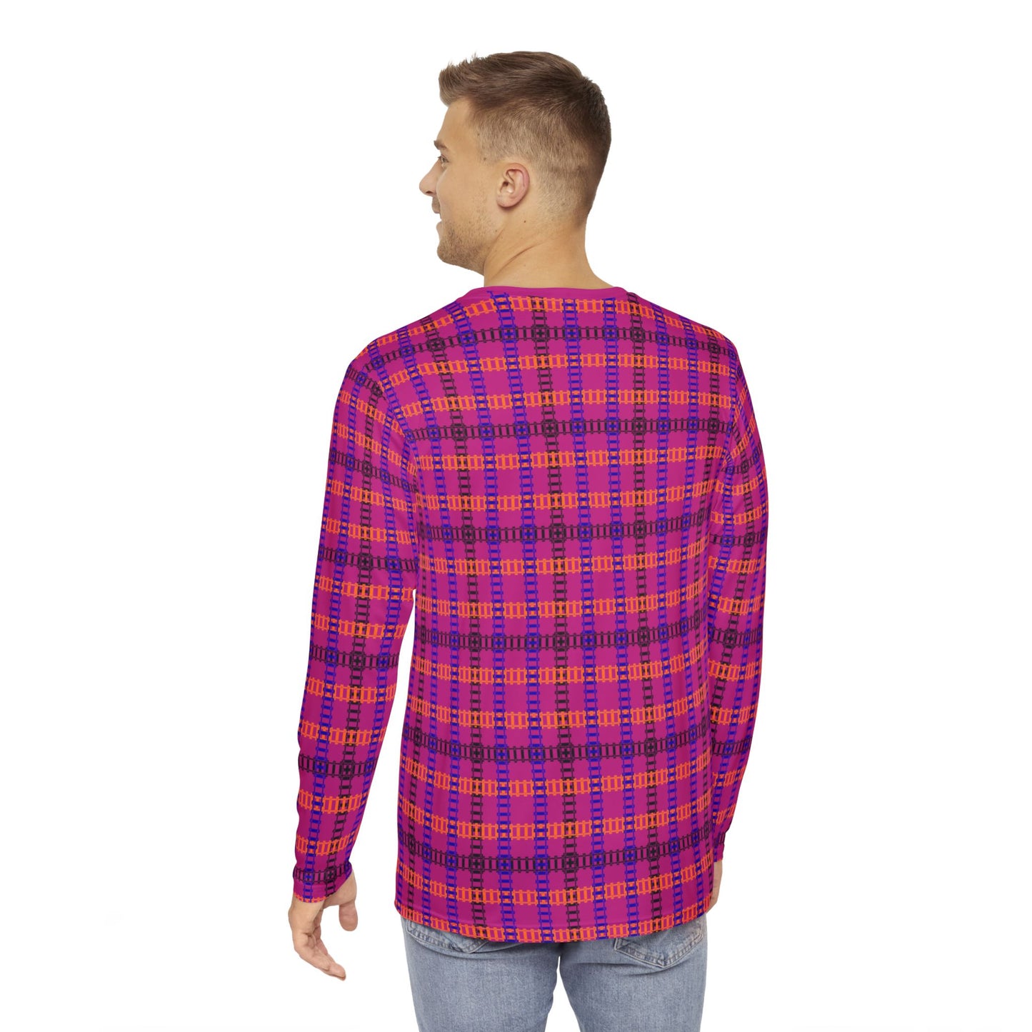 Vibrant Plaid Mens Long Sleeve Shirt Cozy Outfit Casual Wear Stylish Layering Perfect for Fall and Winter Train Tracks Pink