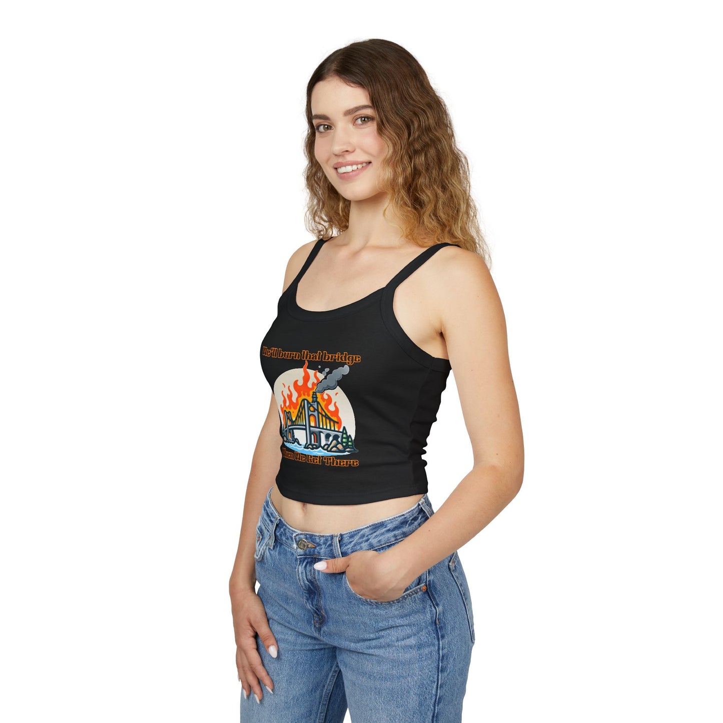 Fire Bridge Graphic Spaghetti Strap Tank Top - Casual Summer Apparel for Fun Days Out