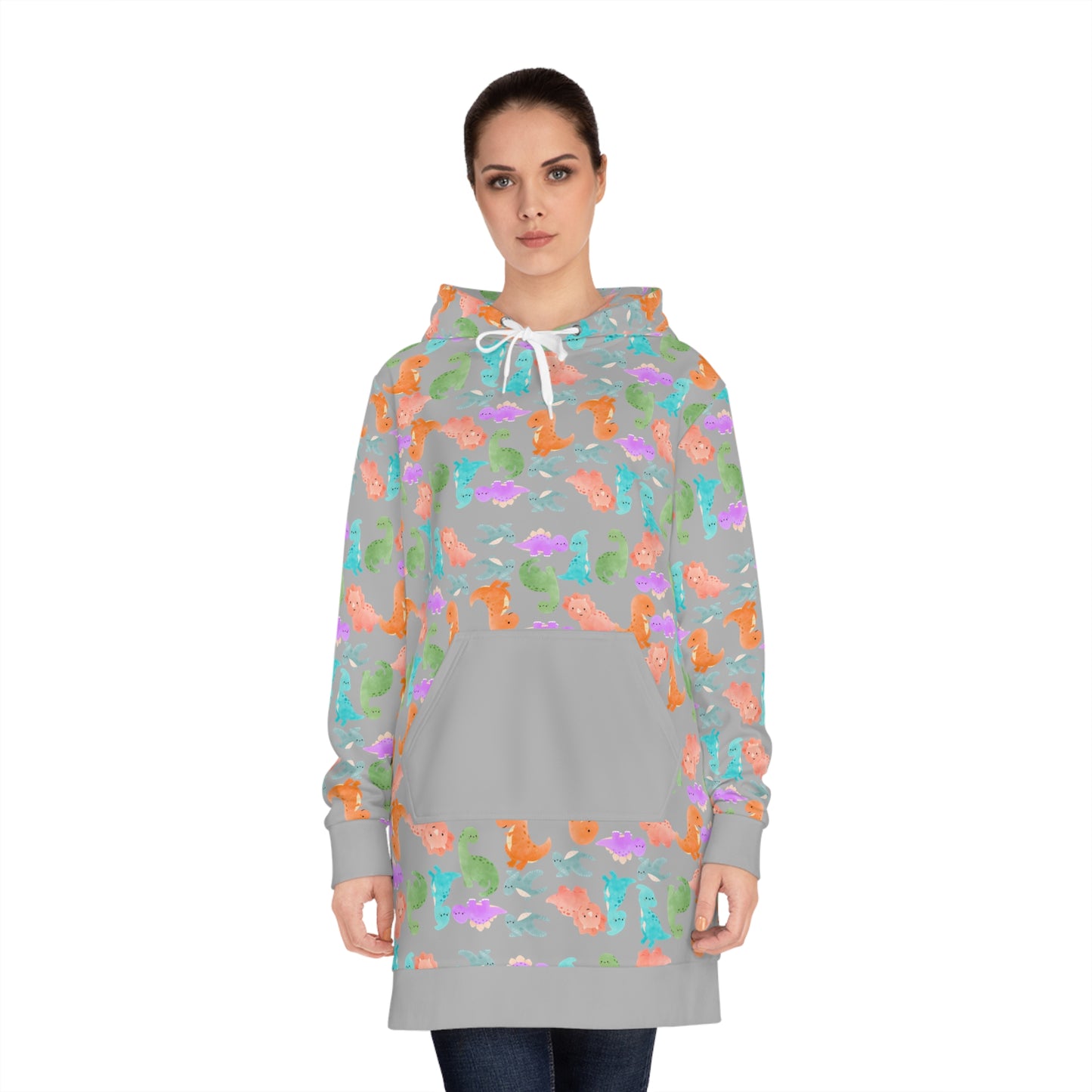Womens Hoodie Dress Rainbow Dinos Light Grey