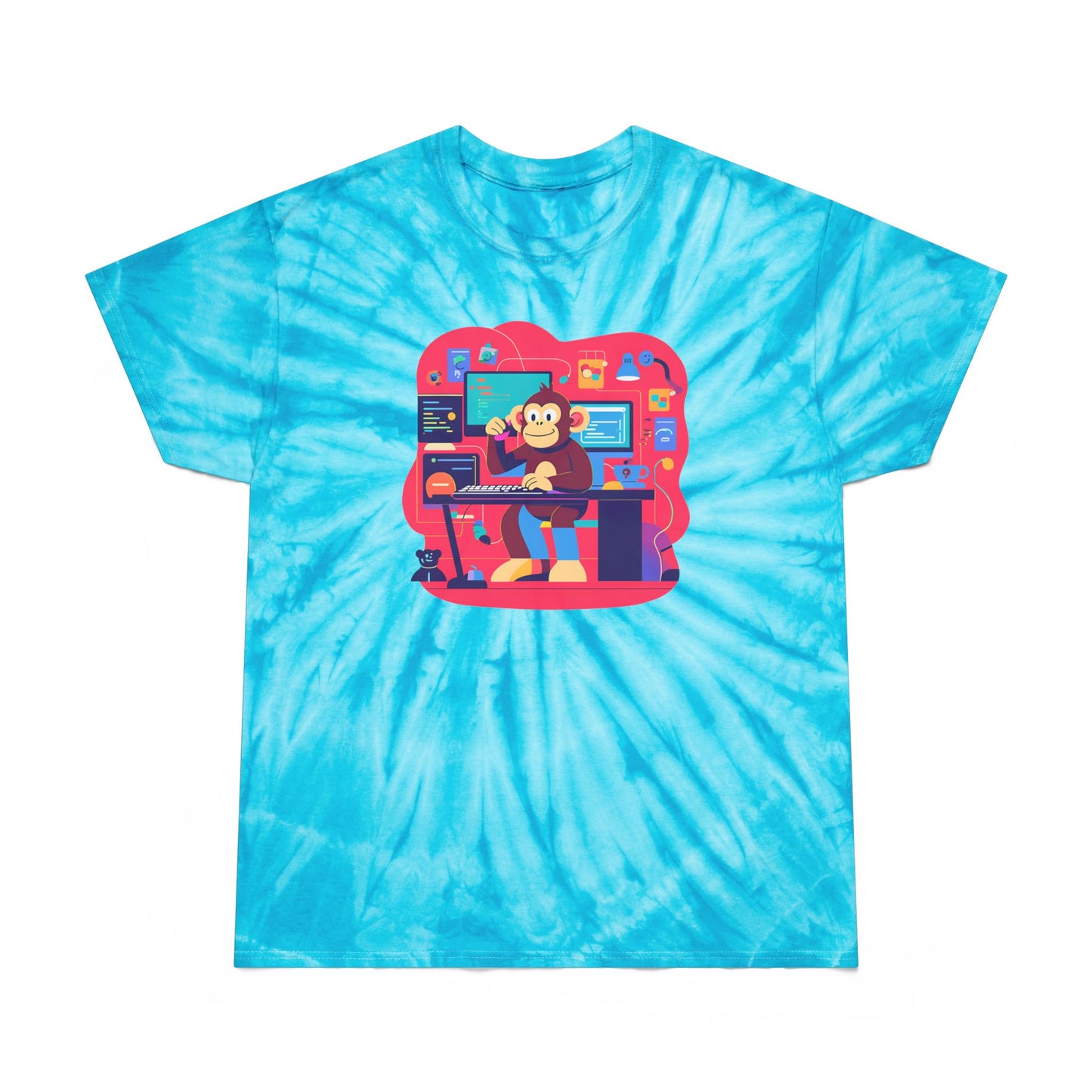 Cheerful Tie-Dye Tee, Cyclone Monkey Graphic, Casual Summer Shirt, Fun Gift for Gamers, Bright Festival Wear, Artistic Streetwear