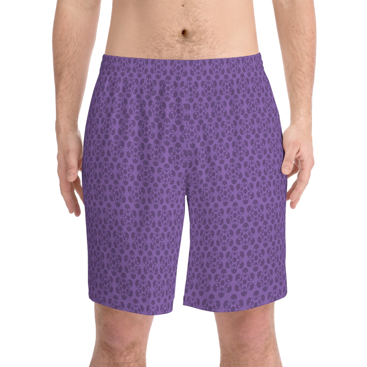 Mens Elastic Beach Shorts Alien Flowers Light Purple