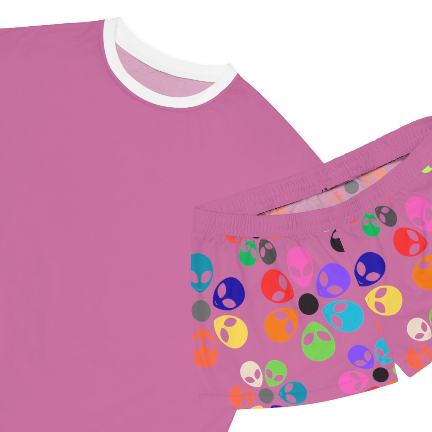 Colorful Alien Print Womens Pajama Set Fun Sleepwear for Teens Relaxing Nightwear Unique Gift for Space Lovers Cute Loungewear Alien Rainbow Flowers Light Pink