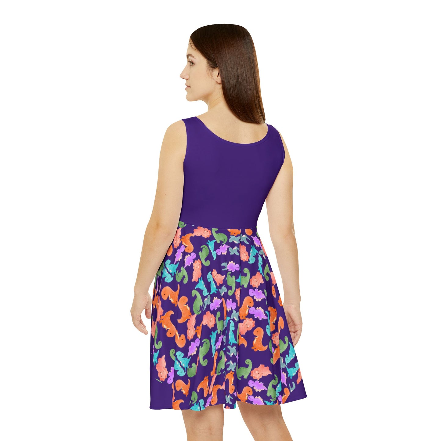 Colorful Dino Womens Skater Dress Summer Outfit Party Dress Casual Dress Boho Dress Festival Wear Rainbow Dinos Purple