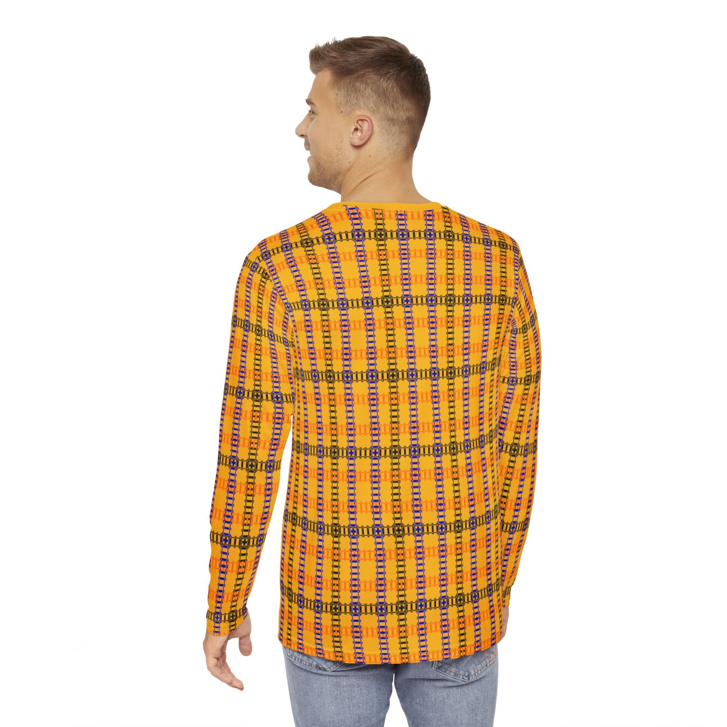 Vibrant Plaid Mens Long Sleeve Shirt Cozy Outfit Casual Wear Stylish Layering Perfect for Fall and Winter Train Tracks Yellow