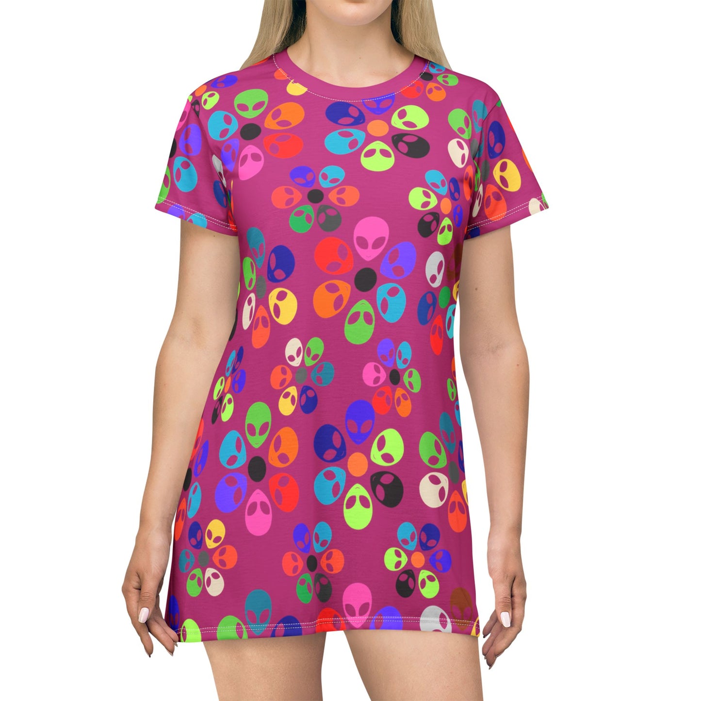 Colorful Alien TShirt Dress | Fun Casual Wear Summer Dress Festival Outfit Gift for UFO Lovers Unique Print Alien Rainbow Flowers Pink