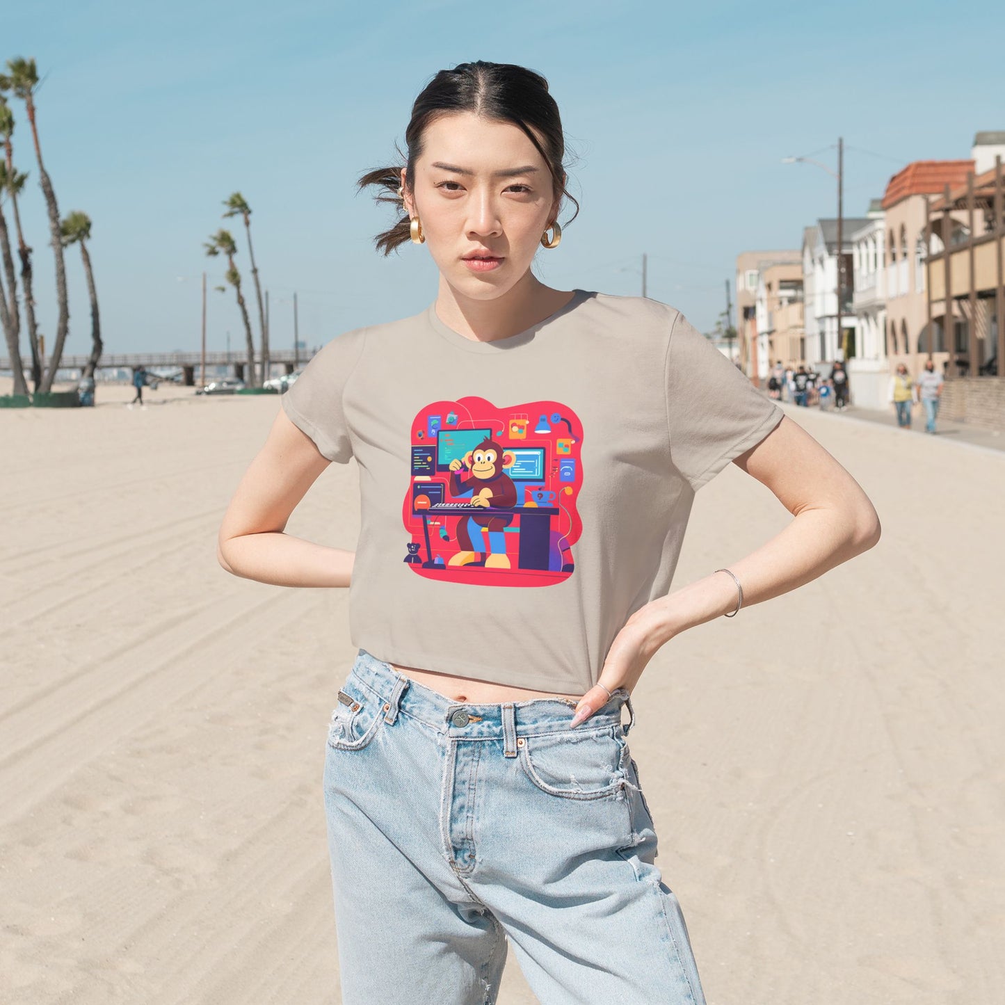 Retro Gamer Women's Flowy Cropped Tee, Cute Graphic Tee, Casual Wear, Gift for Gamers, Fun Summer Top, Kids Birthday Present