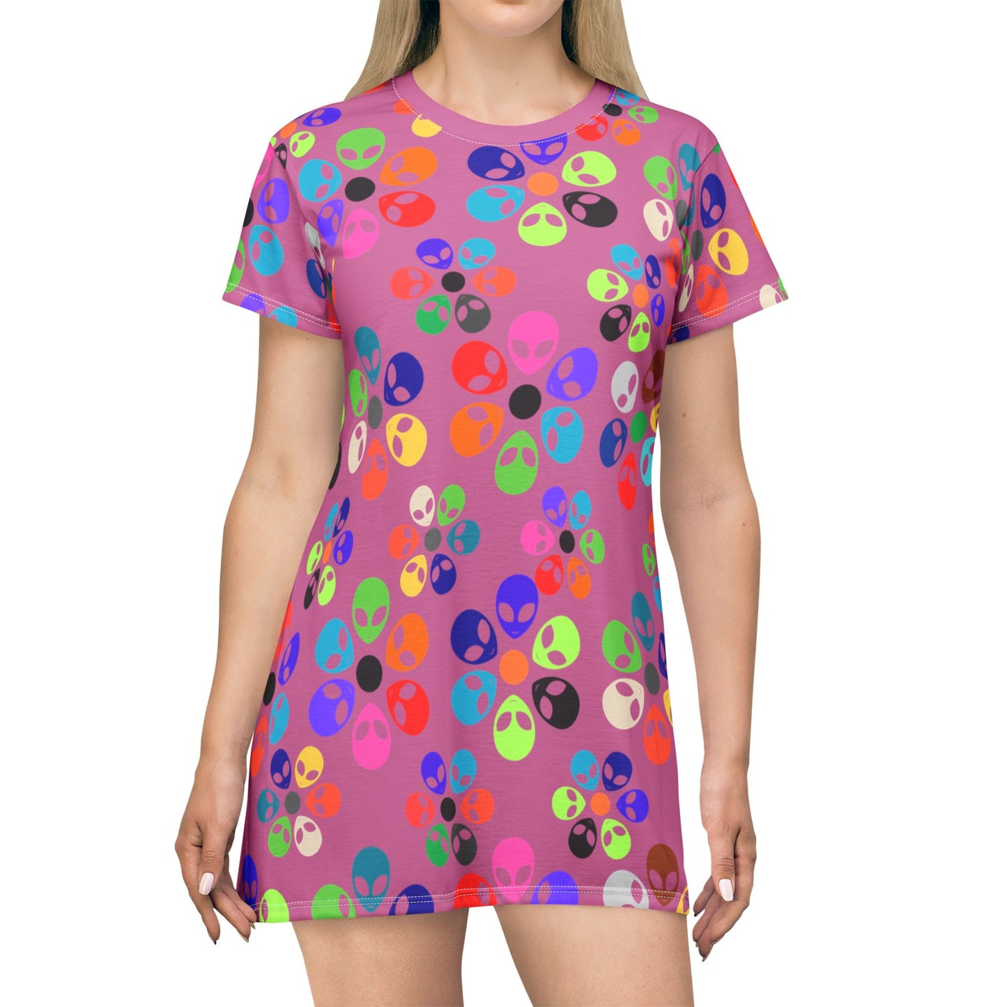 Colorful Alien TShirt Dress | Fun Casual Wear Summer Dress Festival Outfit Gift for UFO Lovers Unique Print Alien Rainbow Flowers Light Pink
