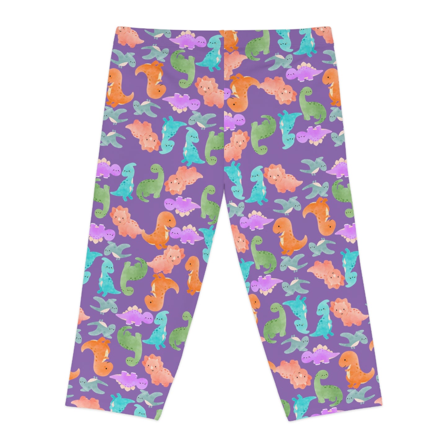 Playful Dino Print Womens Capri Leggings Cute Stretchy Pants for Yoga Casual Outfits Loungewear Gift for Her Rainbow Dinos Light Purple