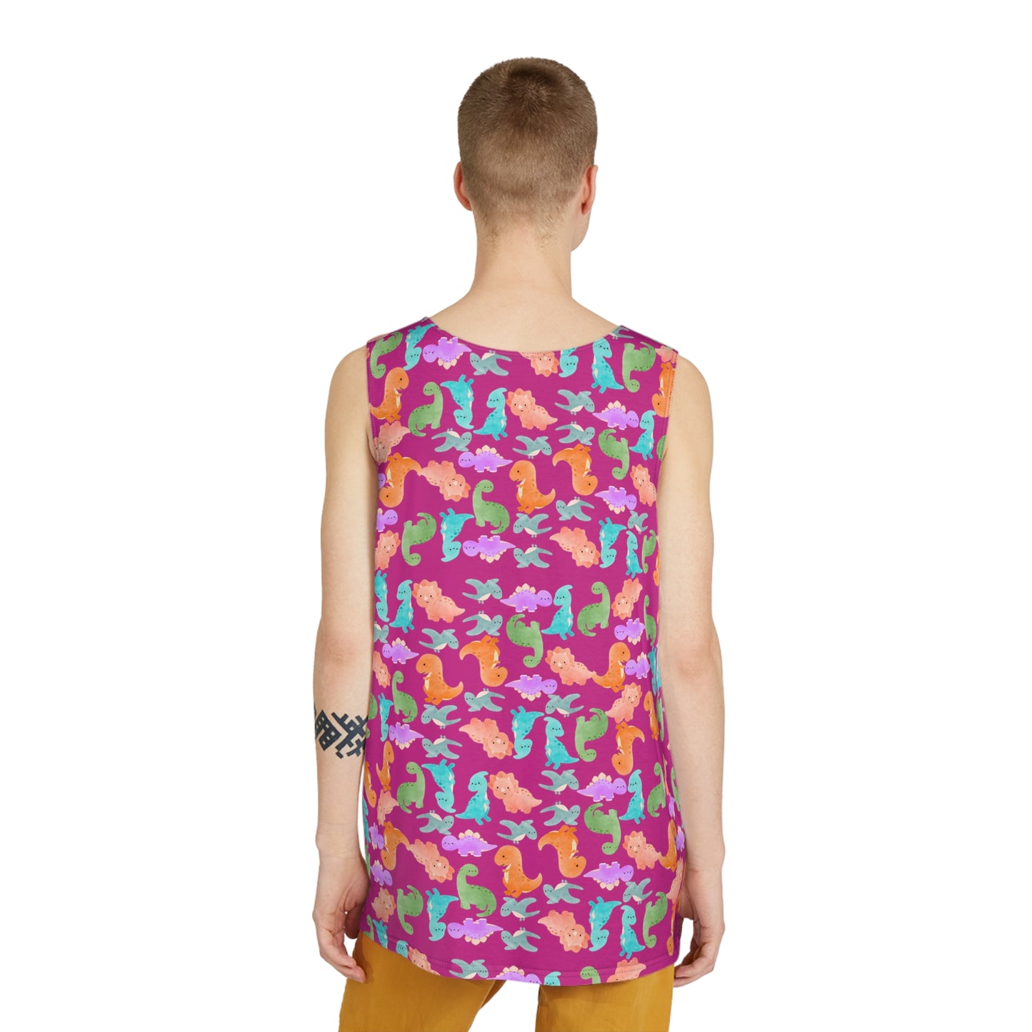 Colorful Dino Mens Tank Top Summer Vibes Beachwear Festival Fashion Casual Clothing Graphic AOP Tee Rainbow Dinos Pink