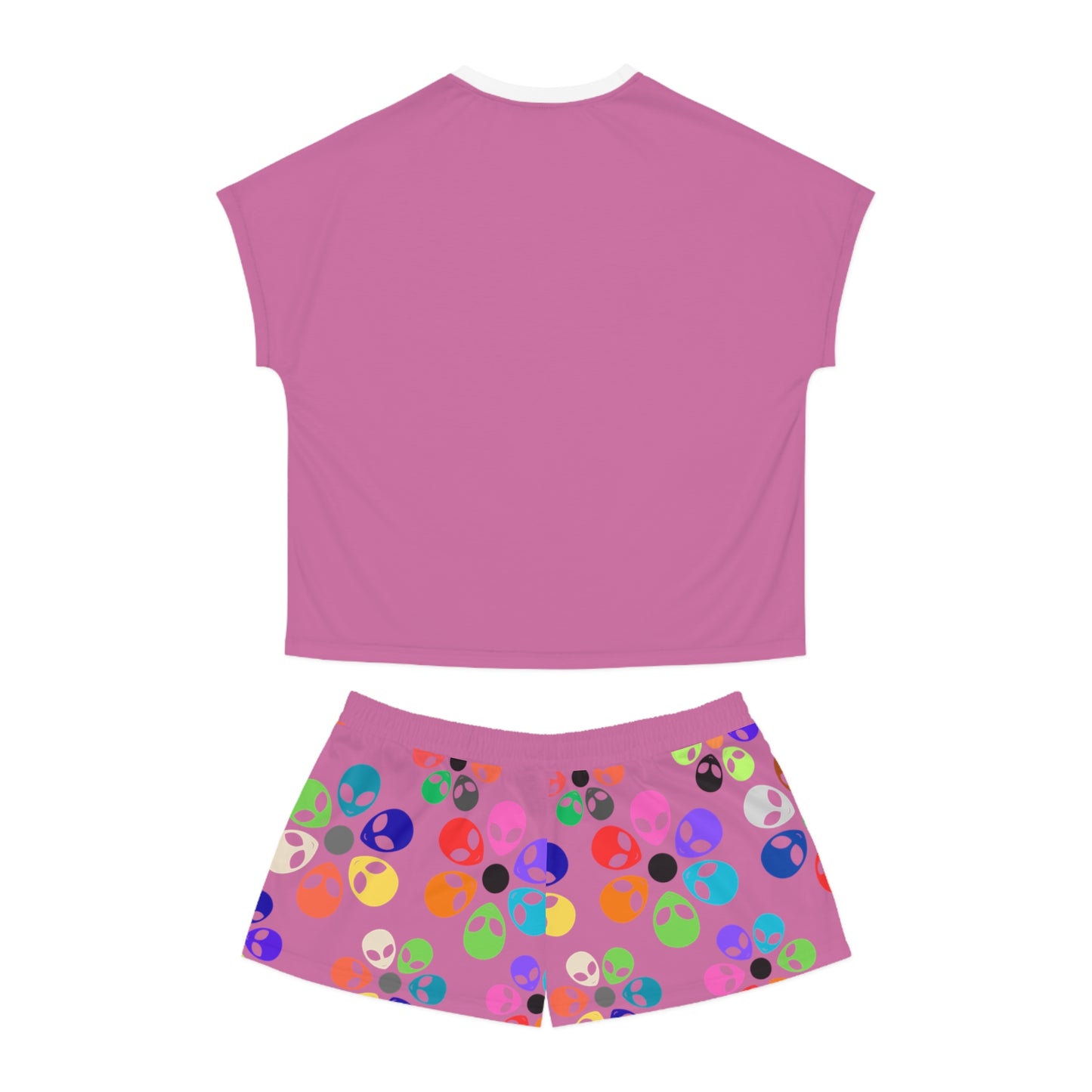 Colorful Alien Print Womens Pajama Set Fun Sleepwear for Teens Relaxing Nightwear Unique Gift for Space Lovers Cute Loungewear Alien Rainbow Flowers Light Pink