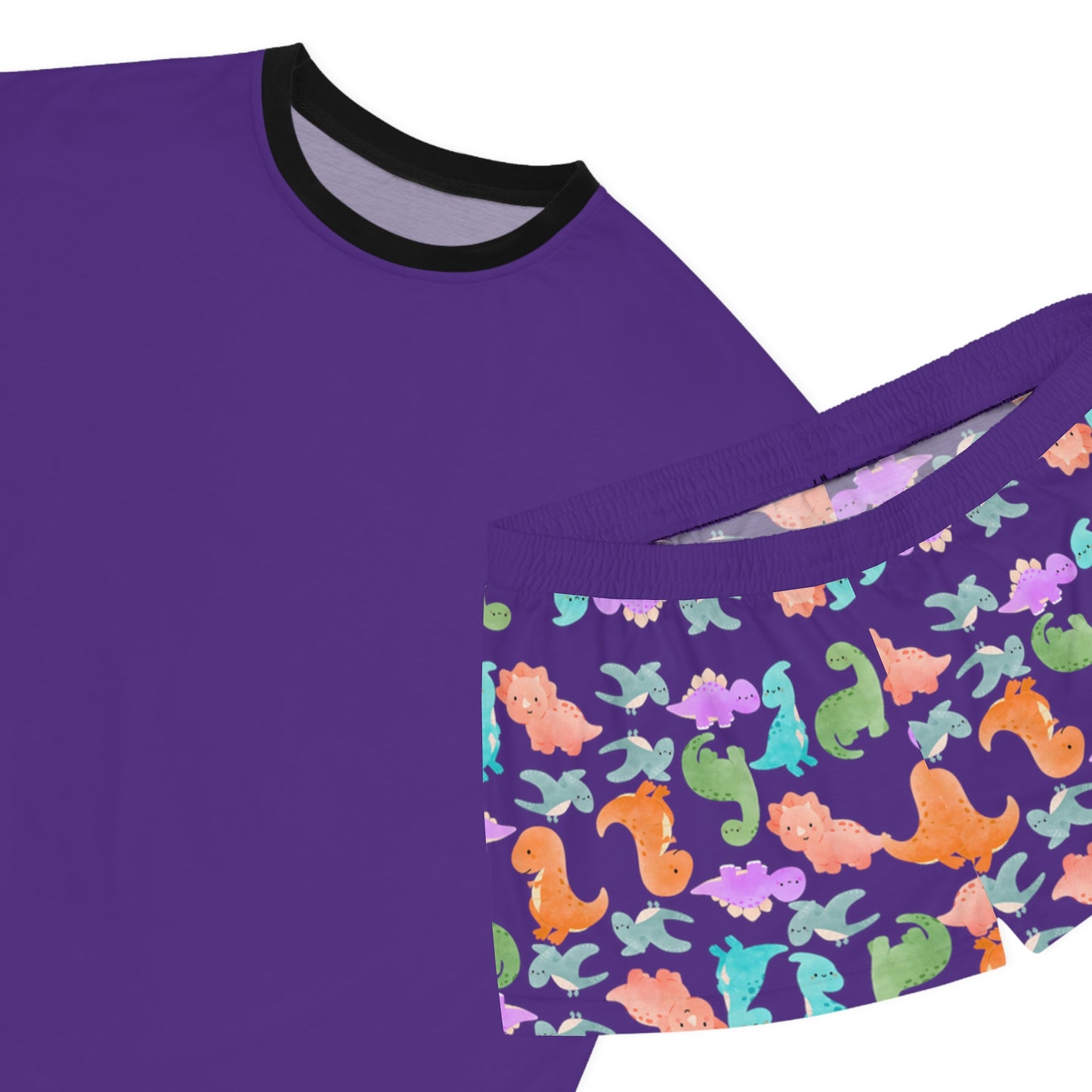 Womens Dinosaur Print Pajama Set Cozy Sleepwear Perfect for Relaxation Gift for Her Cute Loungewear Summer Nights Dinosaur Lovers Rainbow Dinos Purple