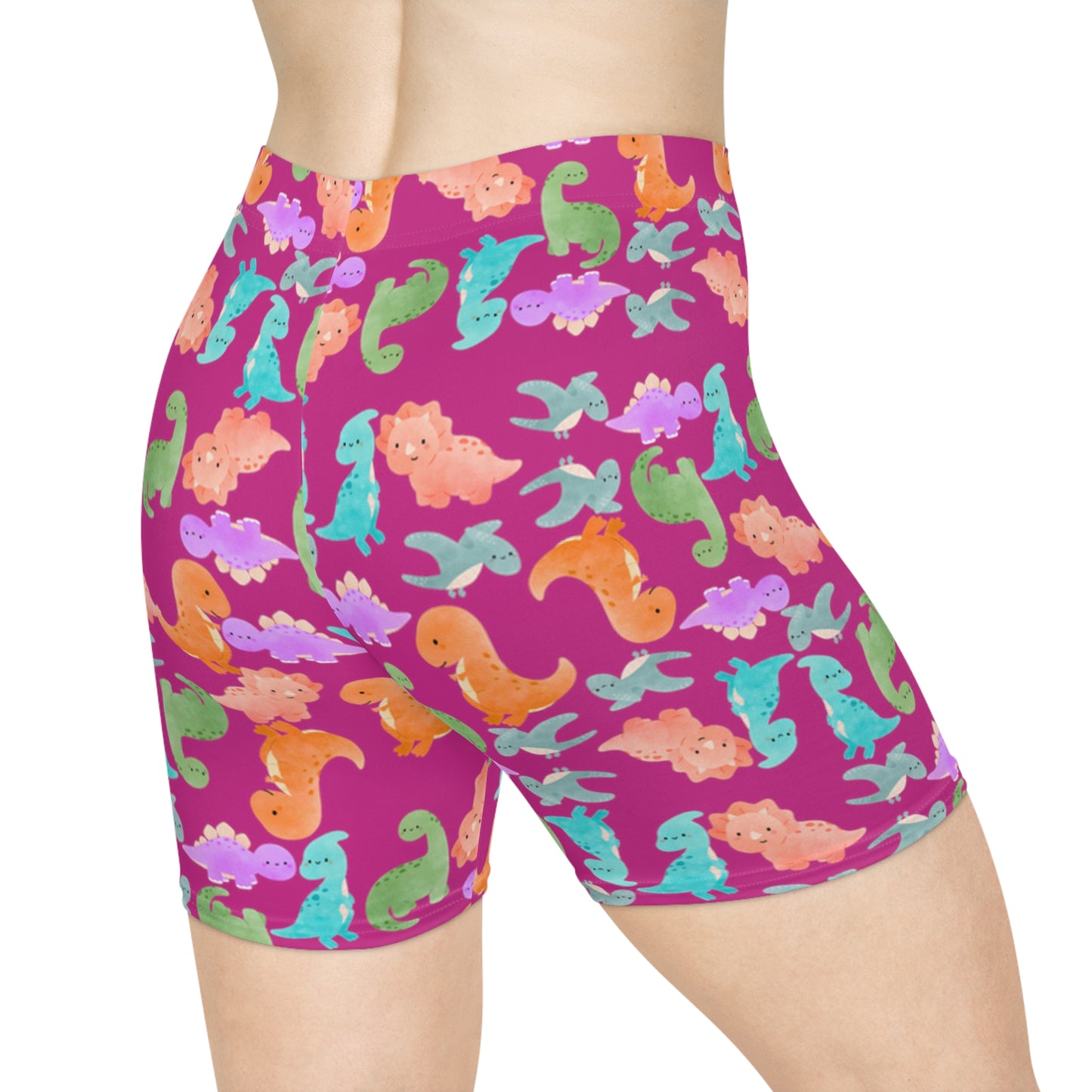 Colorful Dinosaur Womens Biker Shorts  AOP Perfect for Casual Wear workout Summer Birthdays Playdates Unique Gift Rainbow Dinos Pink