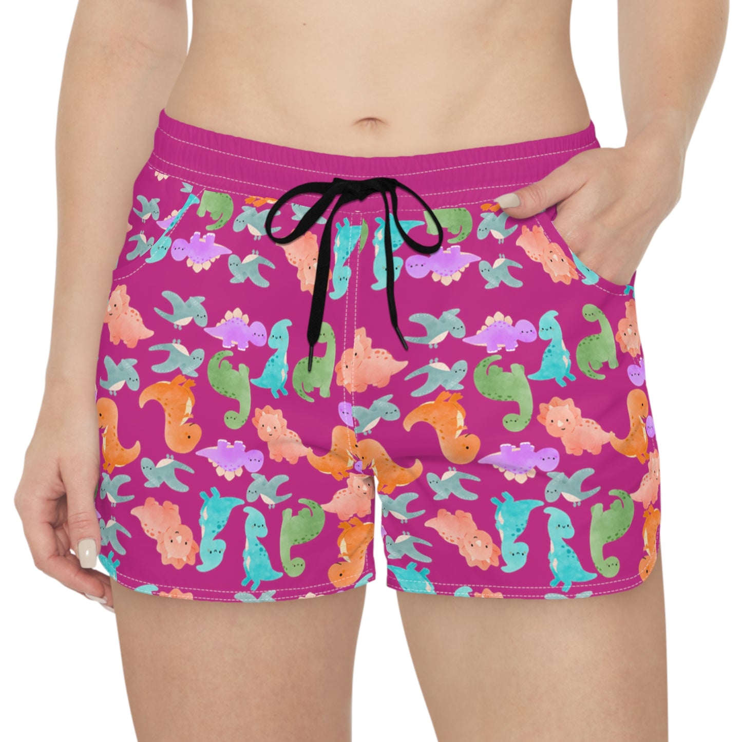 Whimsical Dino Print Casual Shorts for Women Fun Summer Loungewear Cute Animal Pajama Shorts Gifts for Dinosaur Lovers Cute Shorts Rainbow Dinos Pink