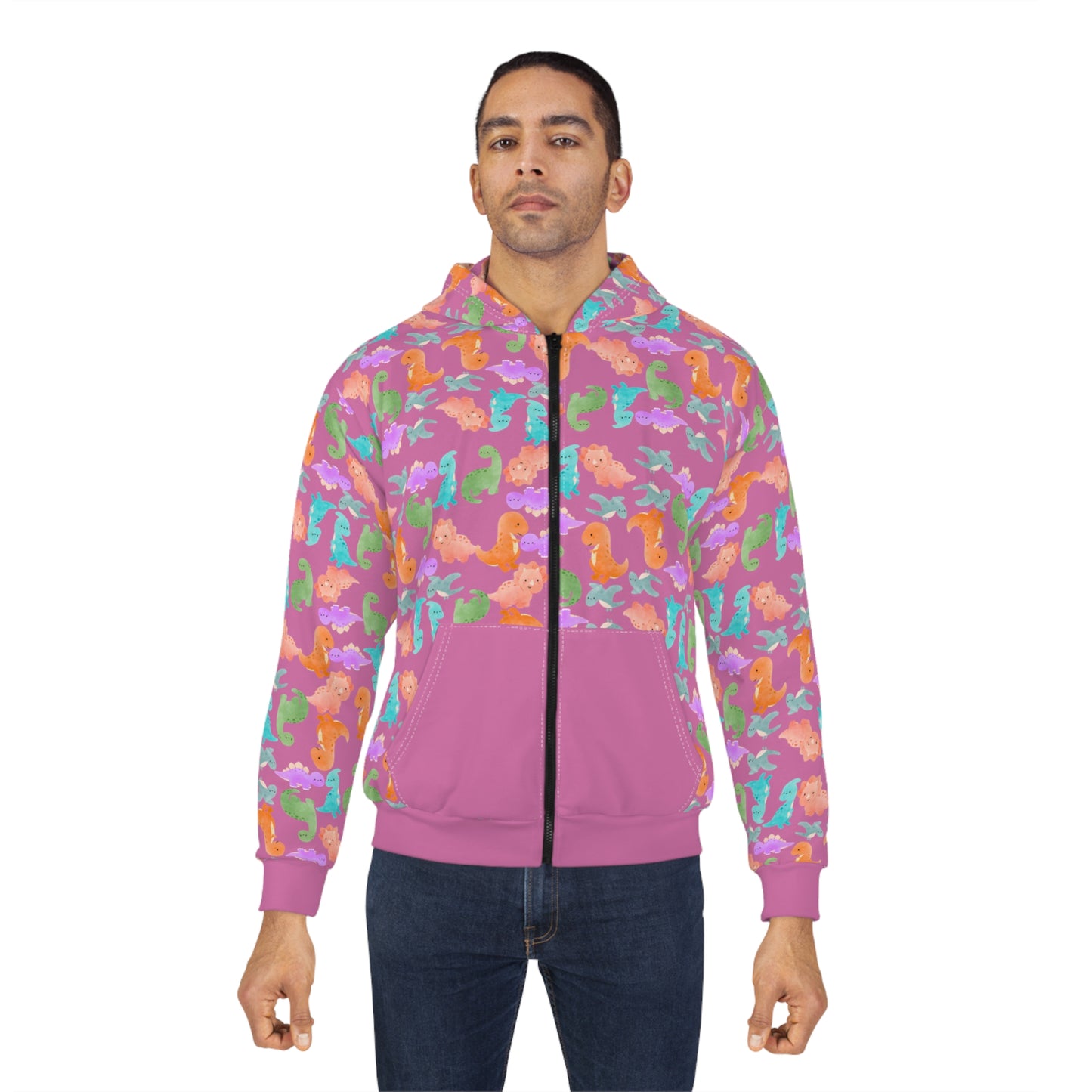 Colorful Dino Unisex Zip Hoodie OceanInspired Hooded Sweatshirt Beach Trip Hoodie Perfect Gift for Marine Life Lovers Rainbow Dinos Light Pink