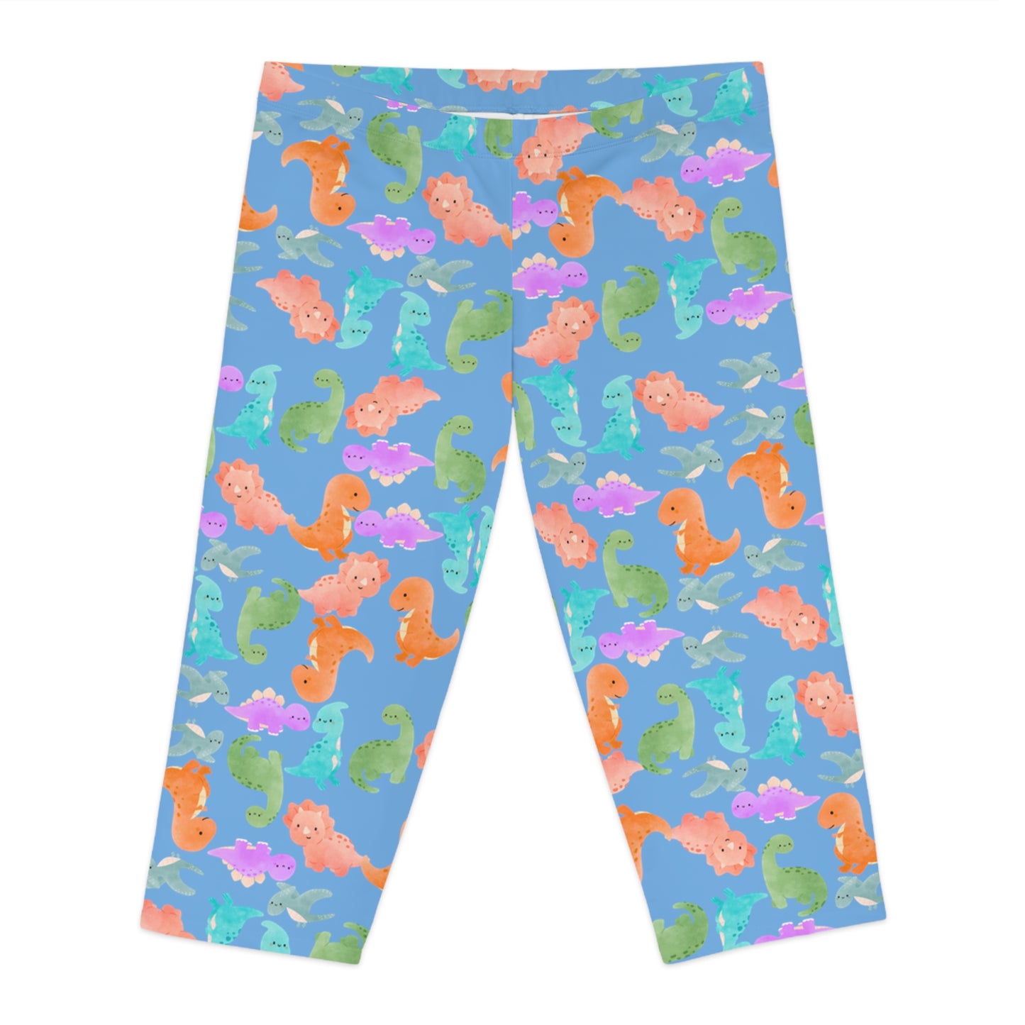 Playful Dino Print Womens Capri Leggings Cute Stretchy Pants for Yoga Casual Outfits Loungewear Gift for Her Rainbow Dinos Light Blue