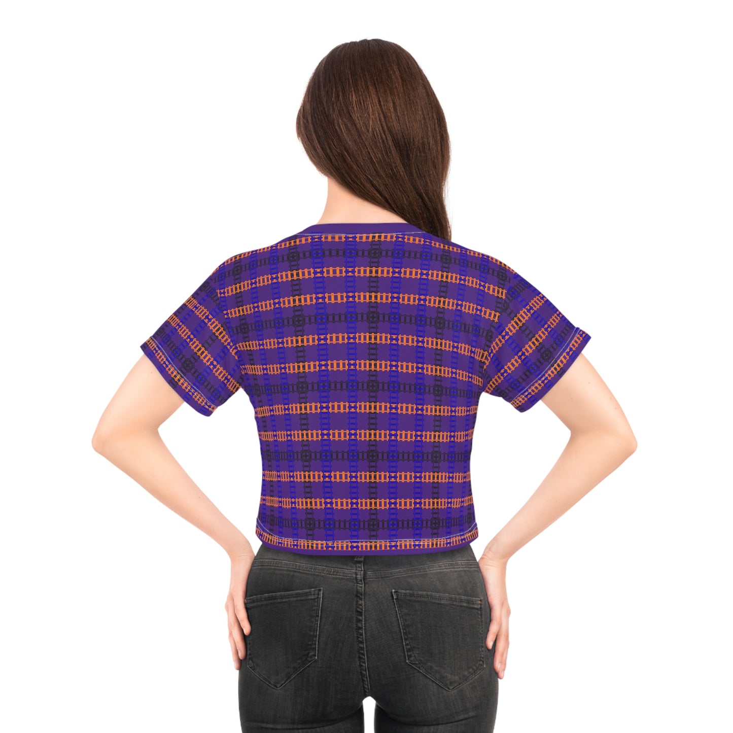 Trendy Patterned Crop Tee Casual Summer Top Gift for Her Festival Wear Stylish Weekend Outfits Train Tracks Purple