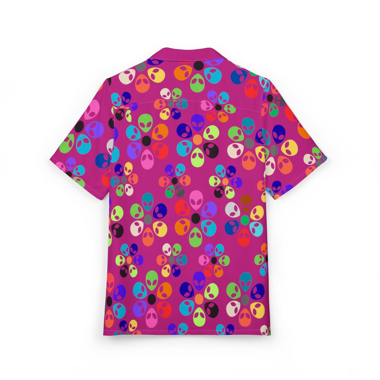 Vibrant Alien Print Hawaiian Shirt Unisex Summer ButtonUp Beachwear Vacation Outfit Festival Apparel Colorful Party Shirt Alien Rainbow Flowers Pink