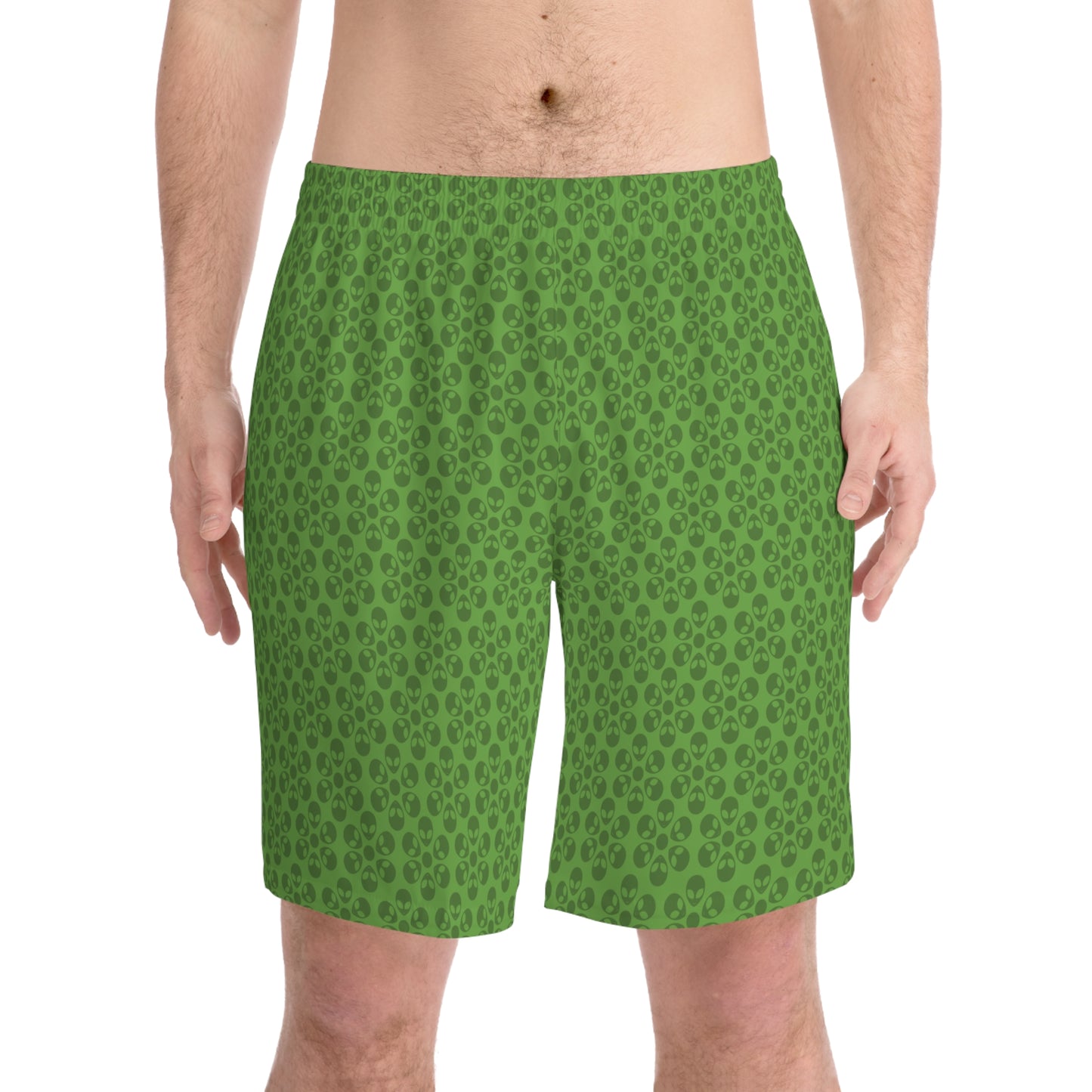 Mens Elastic Beach Shorts Alien Flowers Green