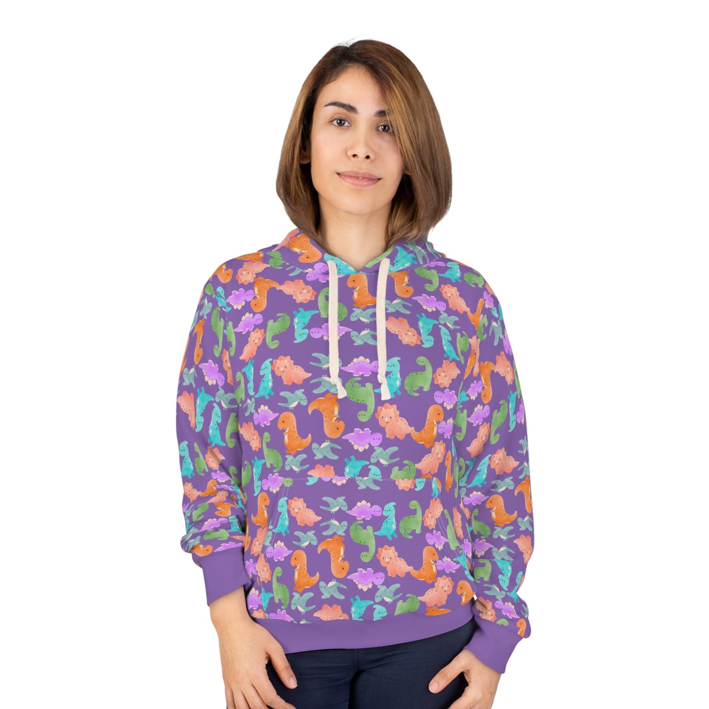 Colorful Dino Unisex Pullover Hoodie Cozy Beach Vibe Sweatshirt Gift for Ocean Lovers Fun Casual Wear Homewear Rainbow Dinos Light Purple