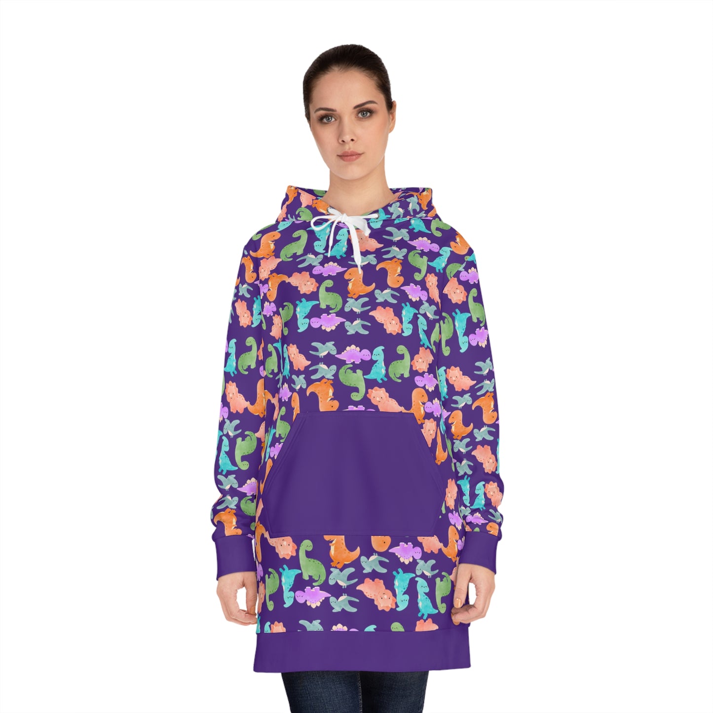 Womens Hoodie Dress Rainbow Dinos Purple