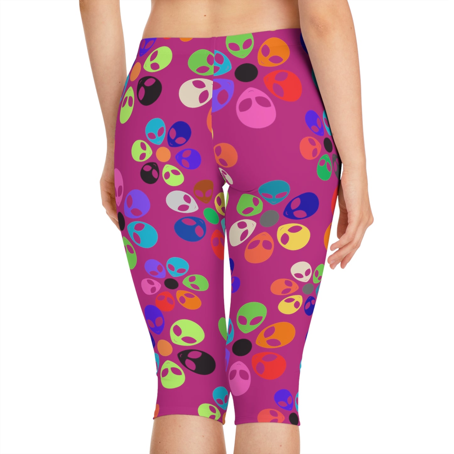 Colorful Alien Floral Capri Leggings Fun Fitness Pants Yoga Wear Unique Beachwear Festival Style Casual Summer Outfit Alien Rainbow Flowers Pink