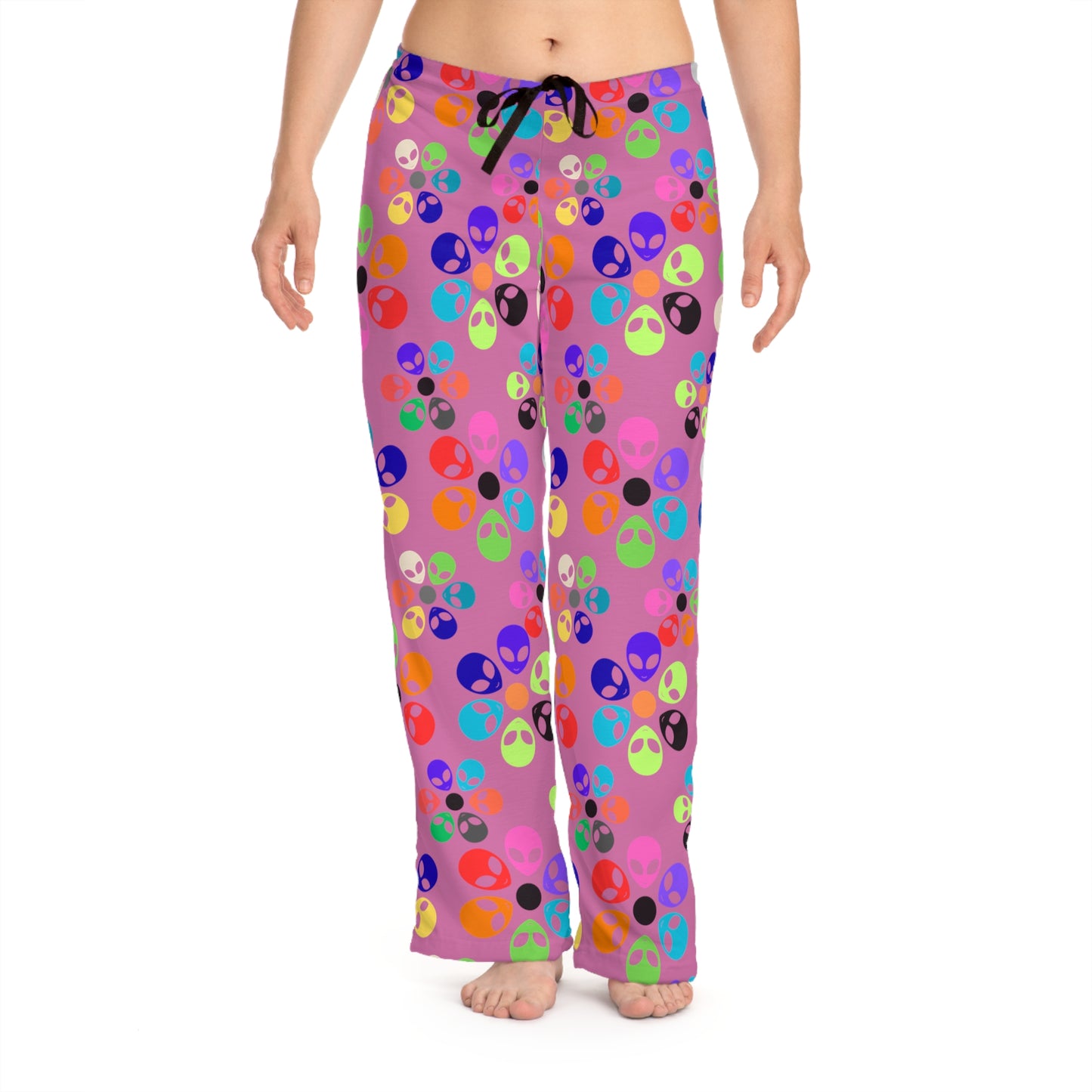 Colorful Alien Print Womens Pajama Pants Fun Loungewear Sleepwear for Alien Lovers Great Gift for Birthdays Relaxation Alien Rainbow Flowers Light Pink