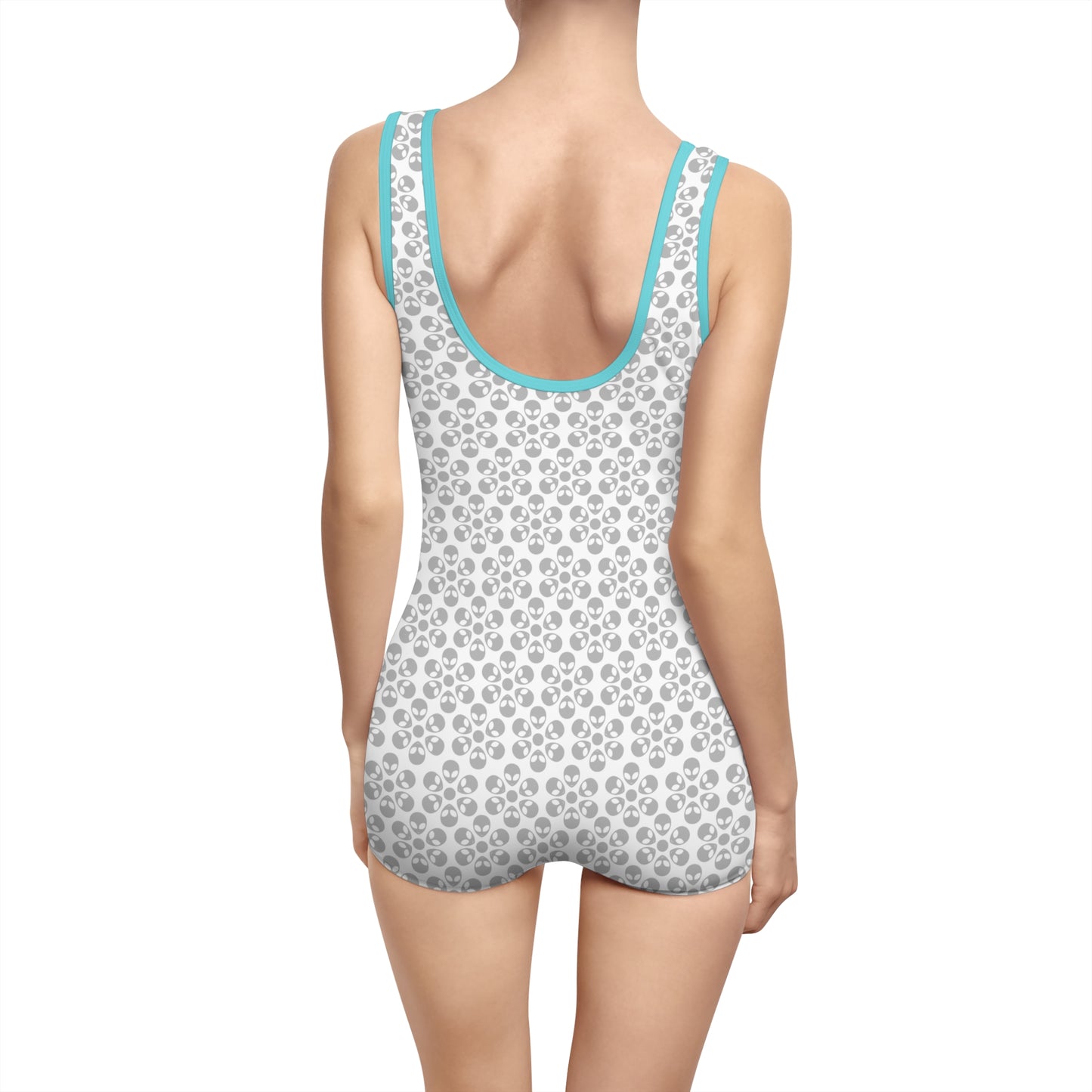 Womens Vintage Swimsuit Alien Flowers White