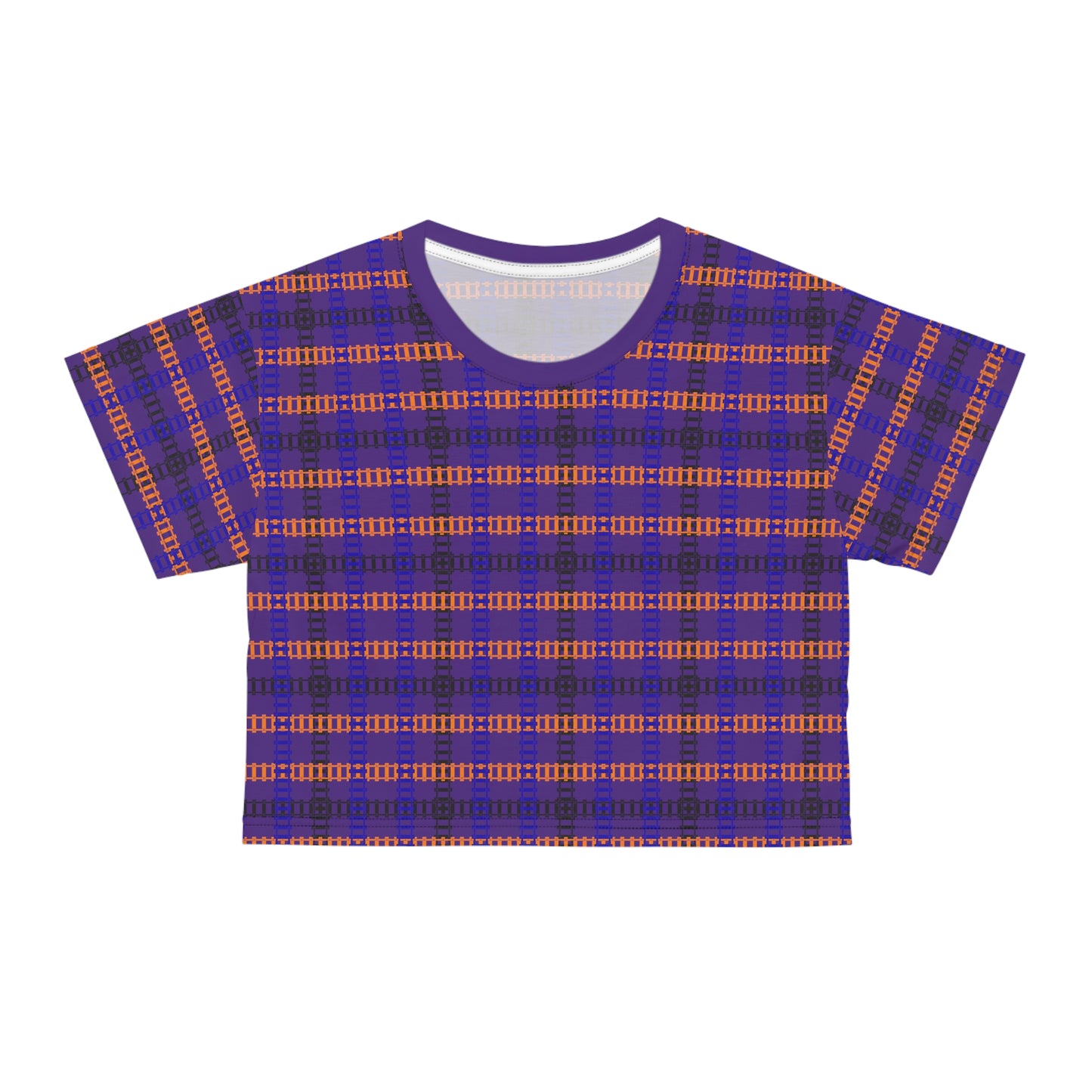 Trendy Patterned Crop Tee Casual Summer Top Gift for Her Festival Wear Stylish Weekend Outfits Train Tracks Purple
