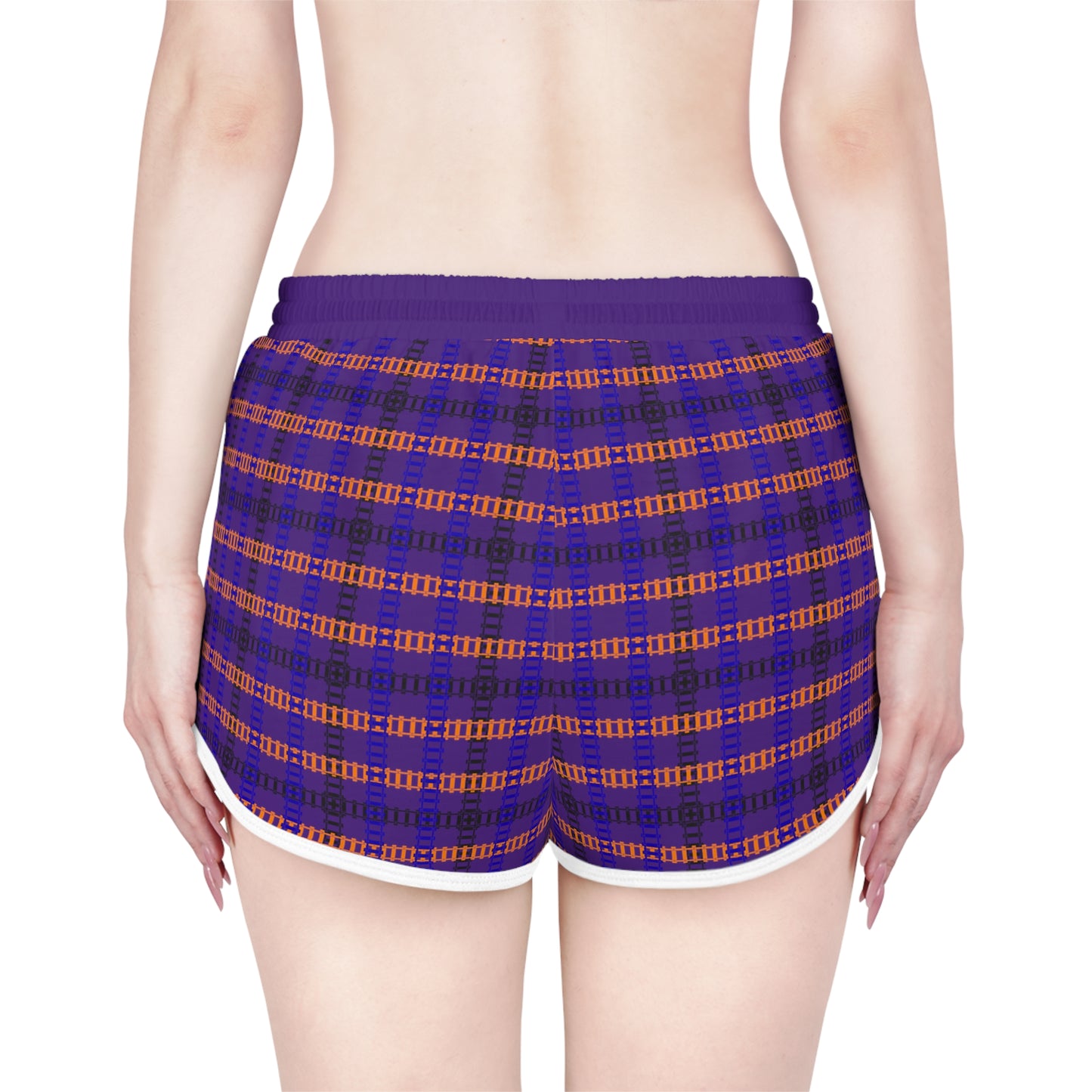 Cozy Casual Womens Shorts Perfect for Summer Days Lounging Beach or Sleepwear AOP Plaid Design Train Tracks Purple