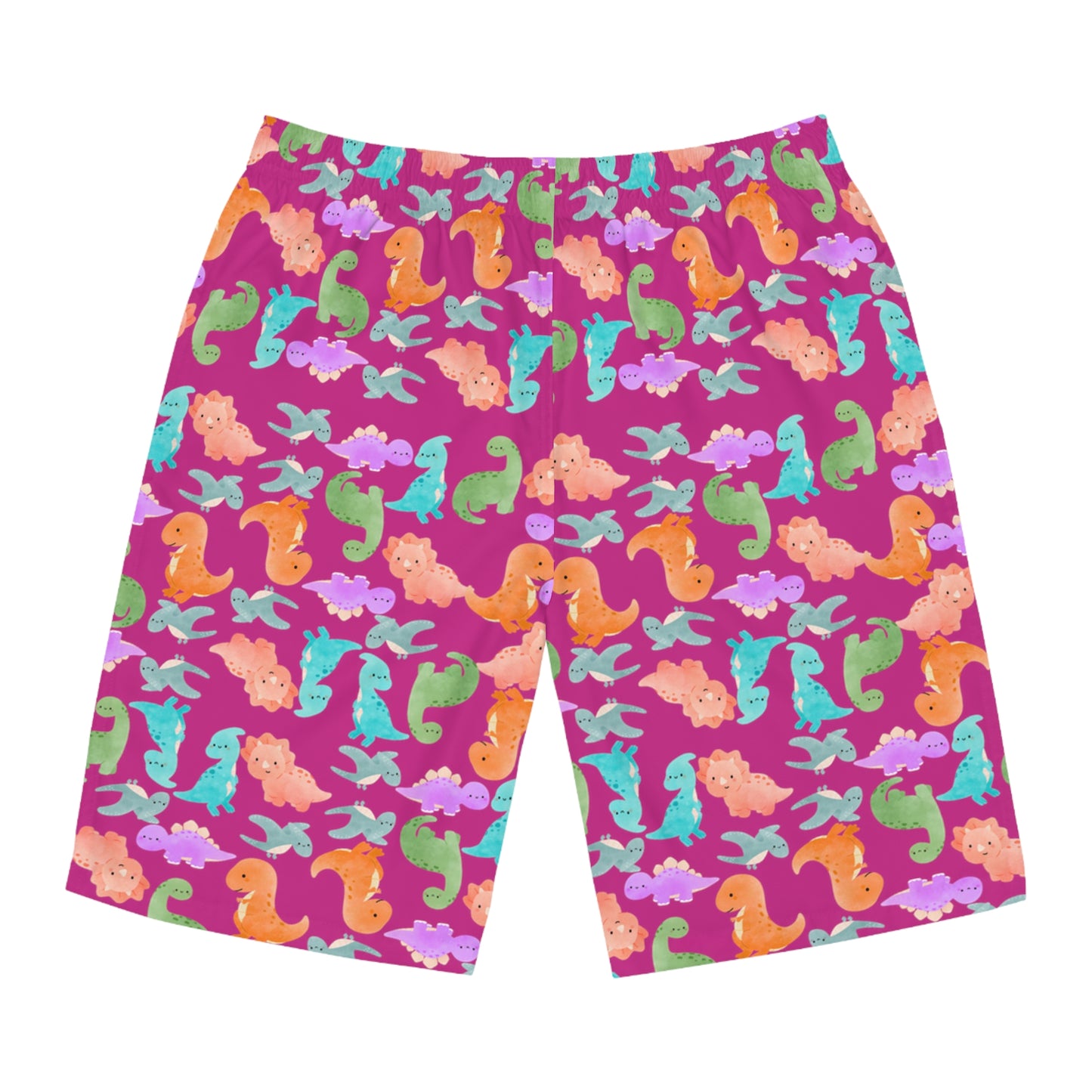 Dino Print Mens Board Shorts Summer Swimwear Beach Wear Vacation Essentials Gift for Him Rainbow Dinos Pink