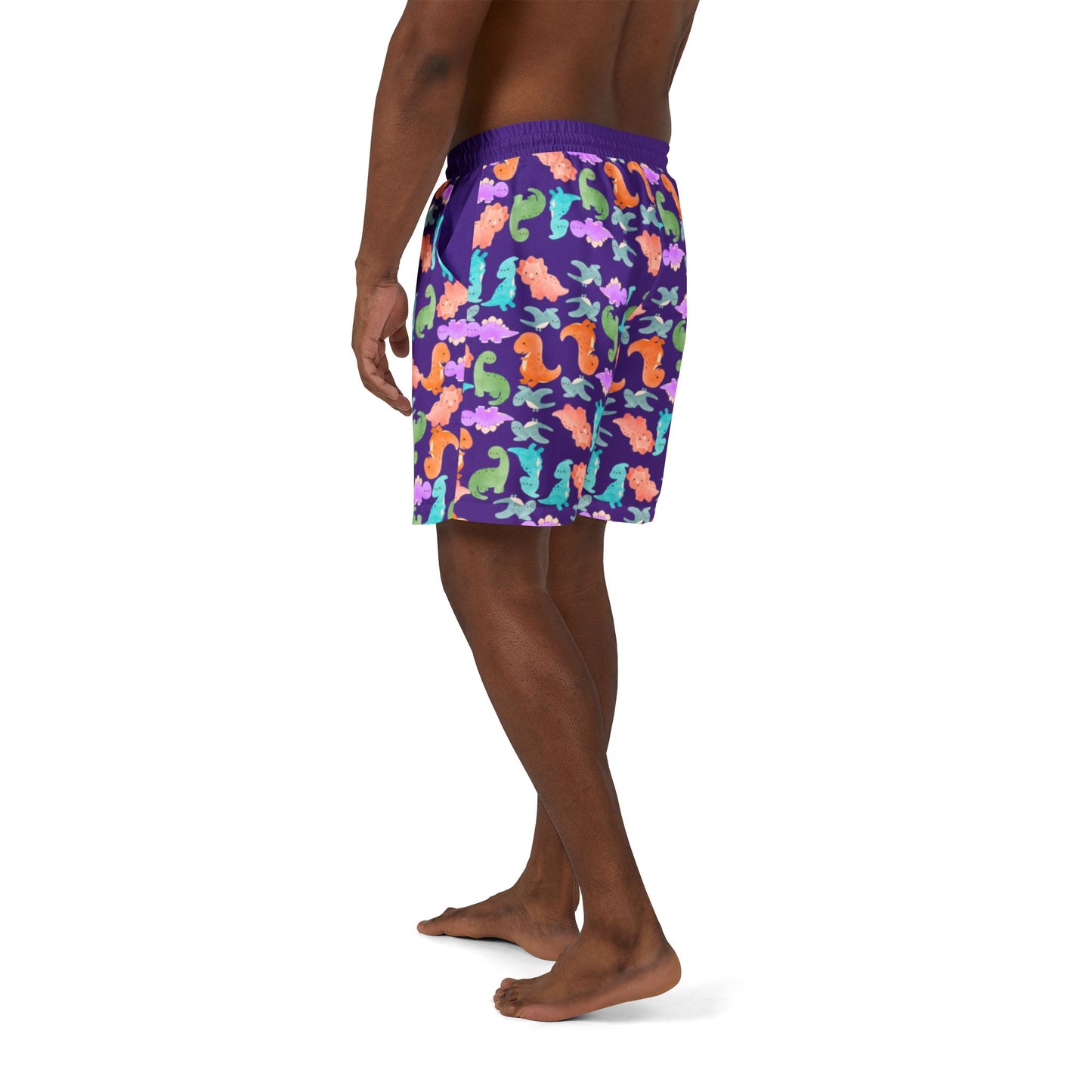 Vibrant Dino Unisex Swim Shorts Beachwear Summer Swimwear Vacation Essentials Pool Party Mens Swim Trunks Unique Design Rainbow Dinos Purple