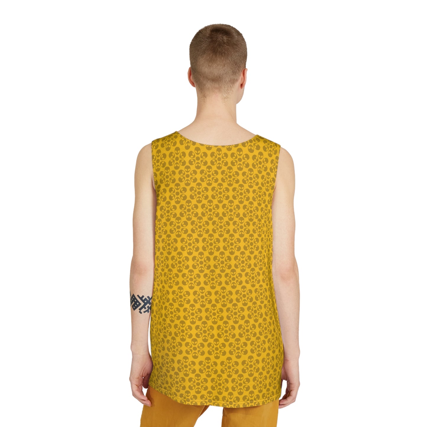 Stylish Mens Tank Top  AOP Leopard Print Summer Wear Fitness Gear Casual Apparel Trendy Vacation Outfit Alien Flowers Yellow