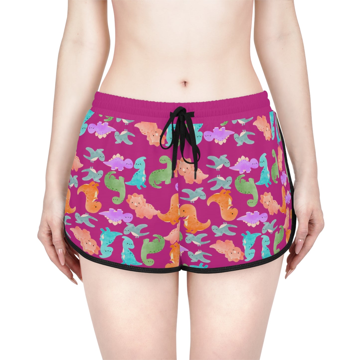 Colorful Dino Print Womens Relaxed Shorts Perfect for Summer Beachwear Loungewear Gift for Her Casual Style Rainbow Dinos Pink
