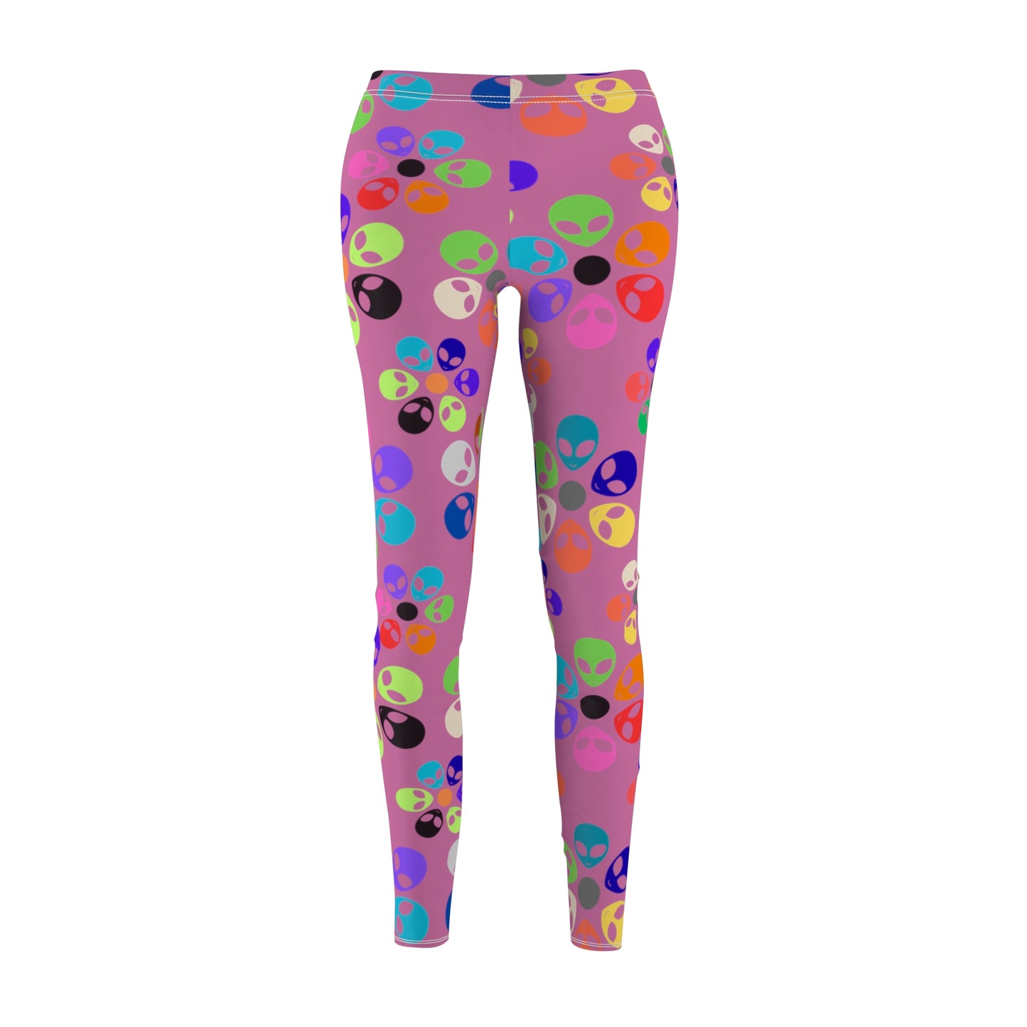 Colorful Alien Print Womens Leggings Casual Streetwear Graphic Leggings for Festivals Comfortable Activewear Unique Gift Idea Alien Rainbow Flowers Light Pink