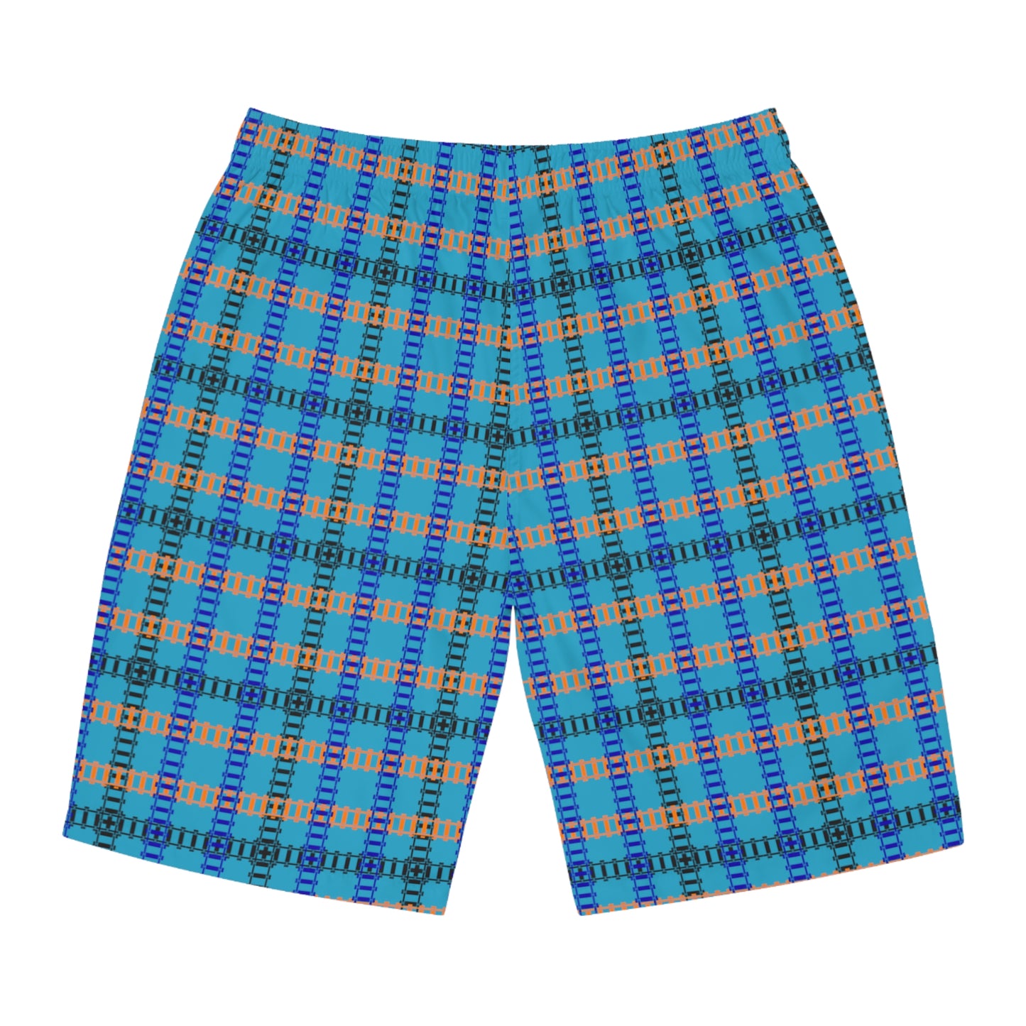 Vibrant Mens Board Shorts Perfect for Summer Beach Days and Pool Parties | Stylish Swimwear Train Tracks Turquoise